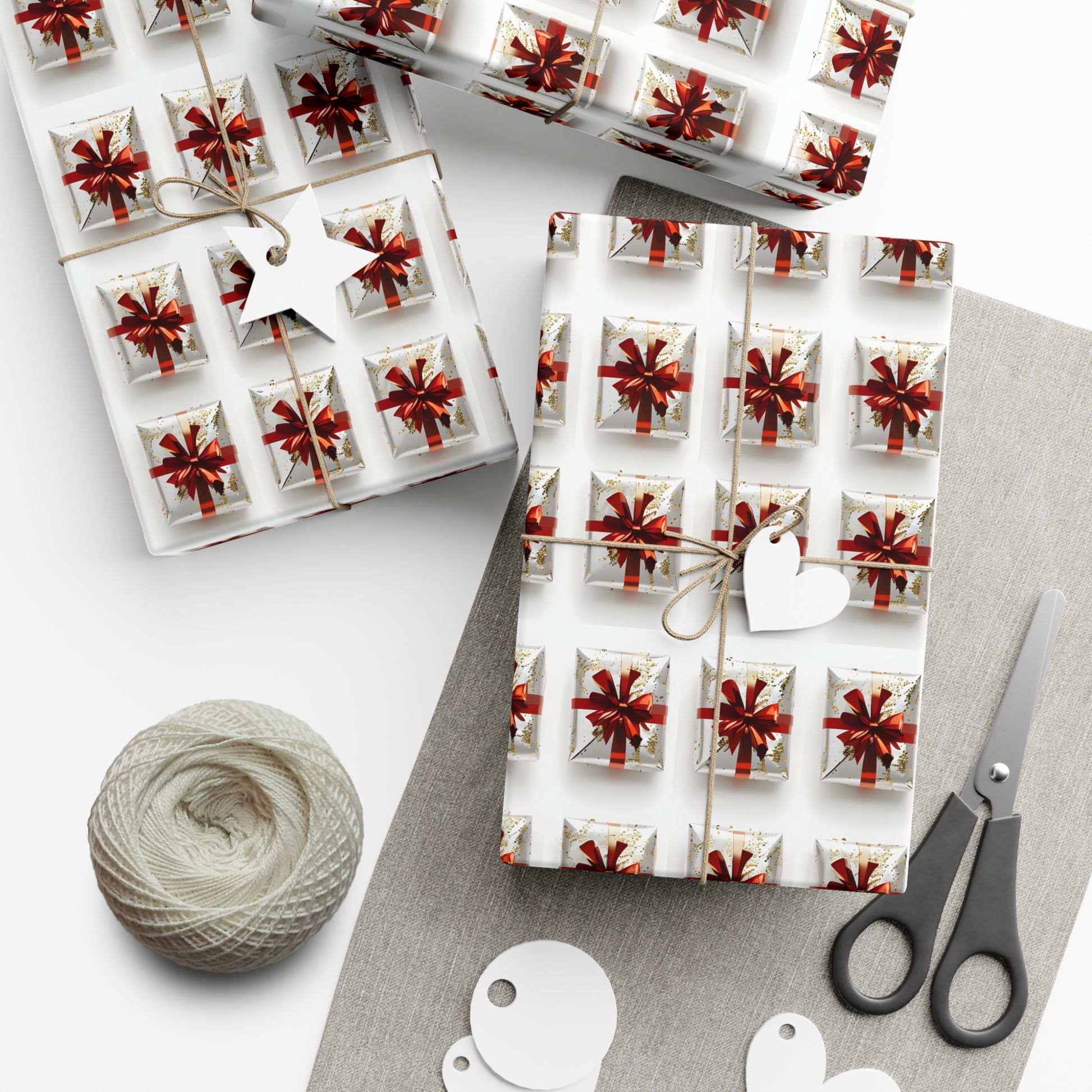 Wrapping Paper, Elegantly Wrapped Gifts On White Background with Red Bows - Gift Wrap Rolls, Eco-Friendly Gift Wrap, Holiday Season Wrapping