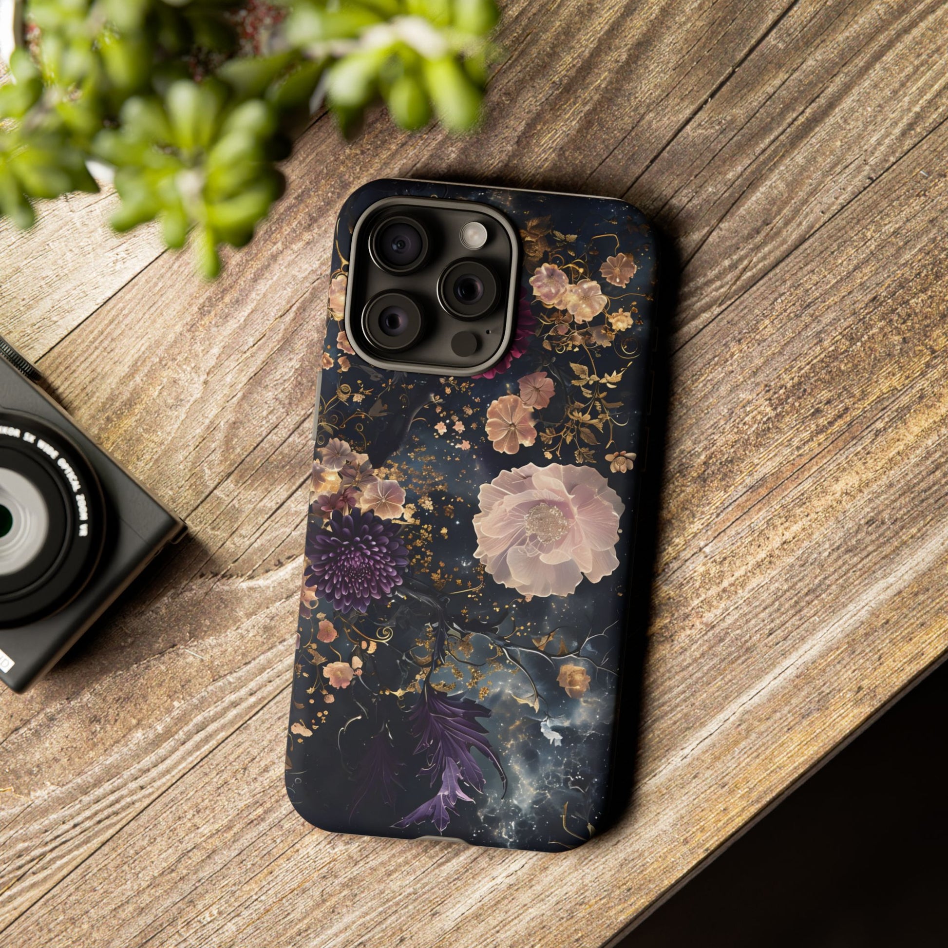 Phone Case, Whimsical Floral Pattern Against Cosmic Nebulous Background. Galaxy, Space, Tough Protective Cover, Unique Gift, Trendy