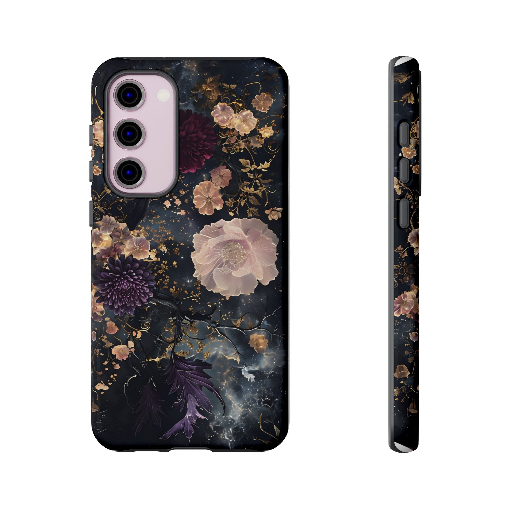 Phone Case, Whimsical Floral Pattern Against Cosmic Nebulous Background. Galaxy, Space, Tough Protective Cover, Unique Gift, Trendy