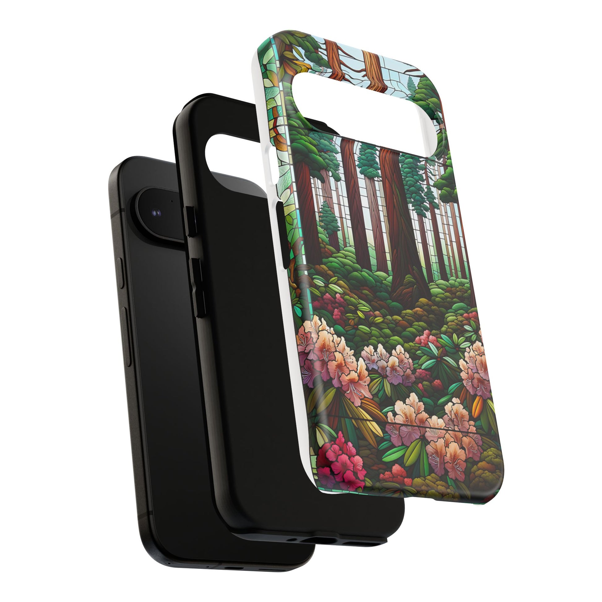 Nature Inspired Tough Cases - Redwood Trees & Rhododendrons Stained Glass iPhone Cover, Protective Phone Shell, Unique Samsung Galaxy Case,