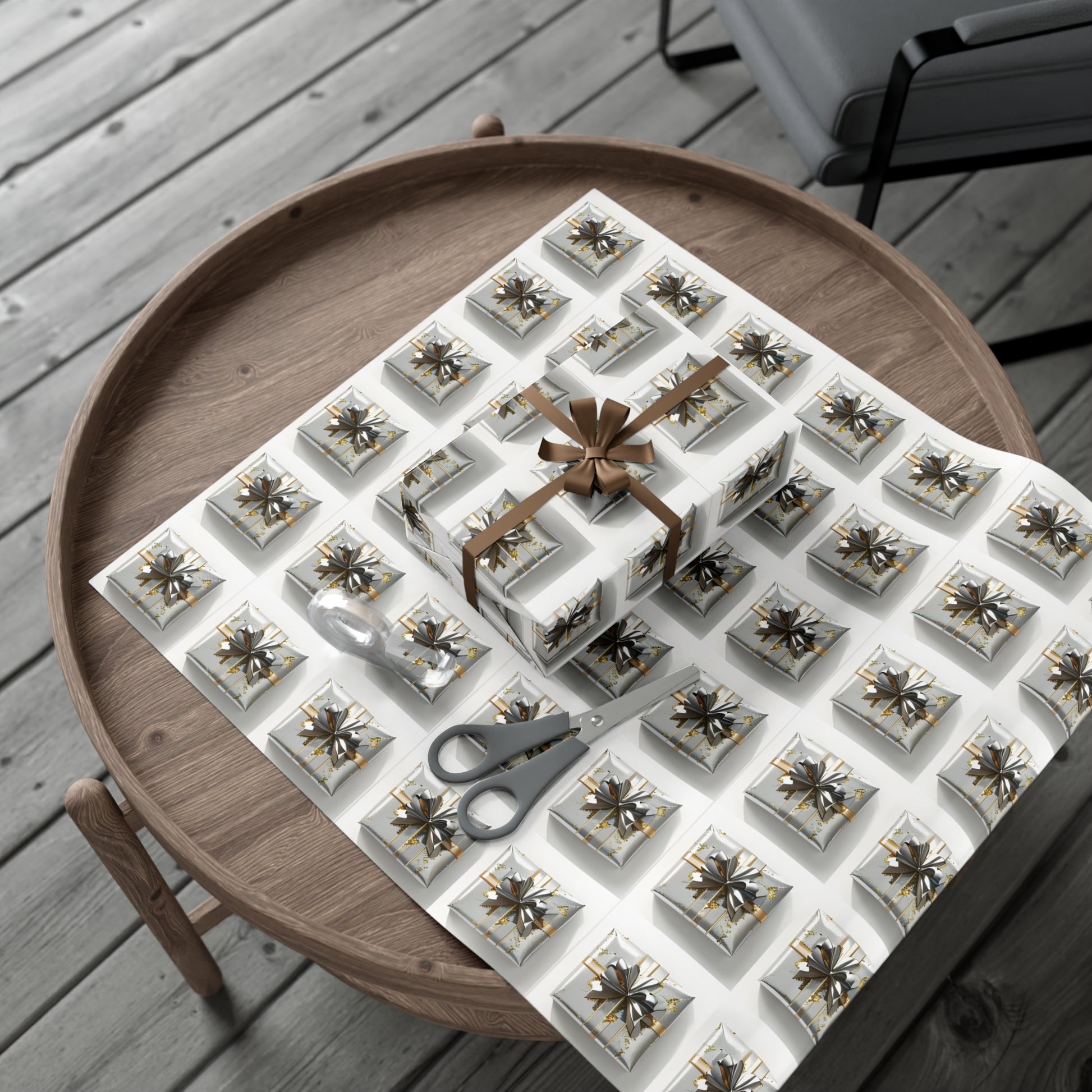 Wrapping Paper, Elegantly Wrapped Gifts On White Background with Silver & Gold Bows - Gift Wrap Rolls, Eco-Friendly Gift Wrap, Holiday