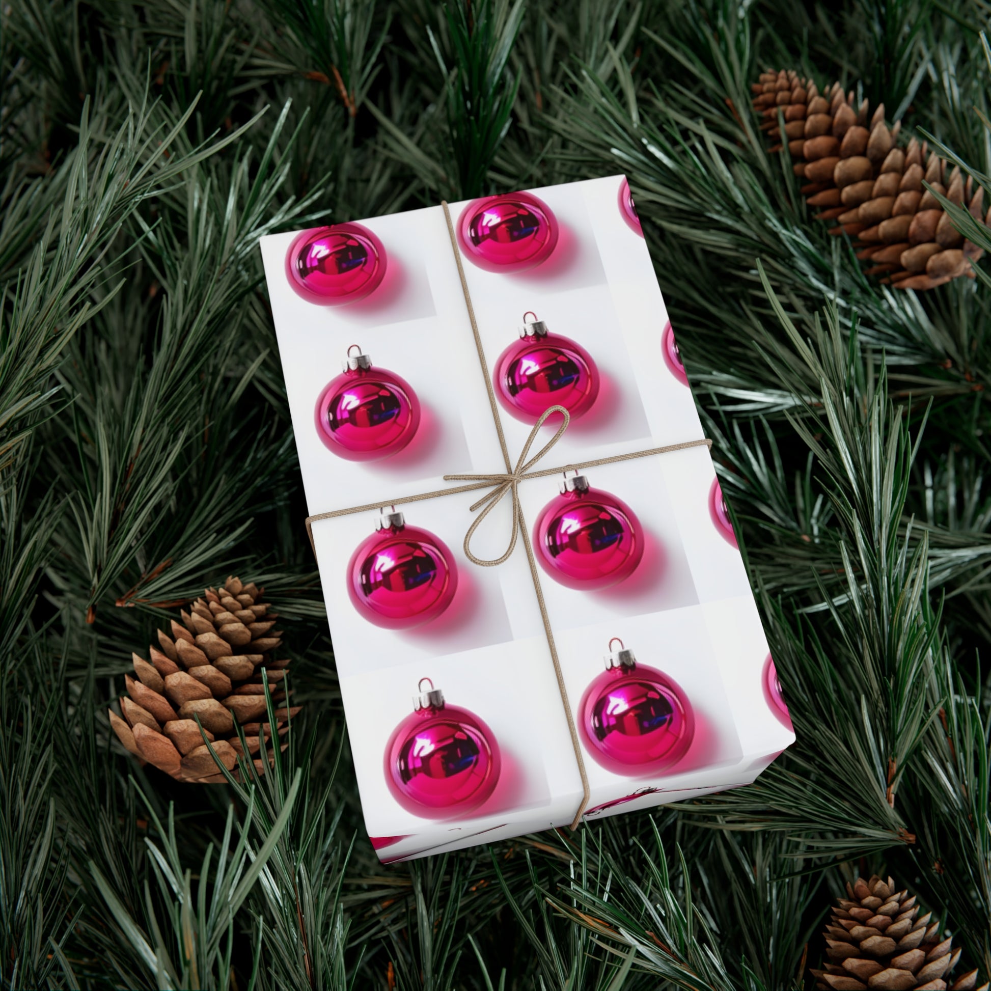 Wrapping Paper, Hot Pink Christmas Ornaments On White Background - Gift Wrap Rolls, Eco-Friendly Gift Wrap, Holiday