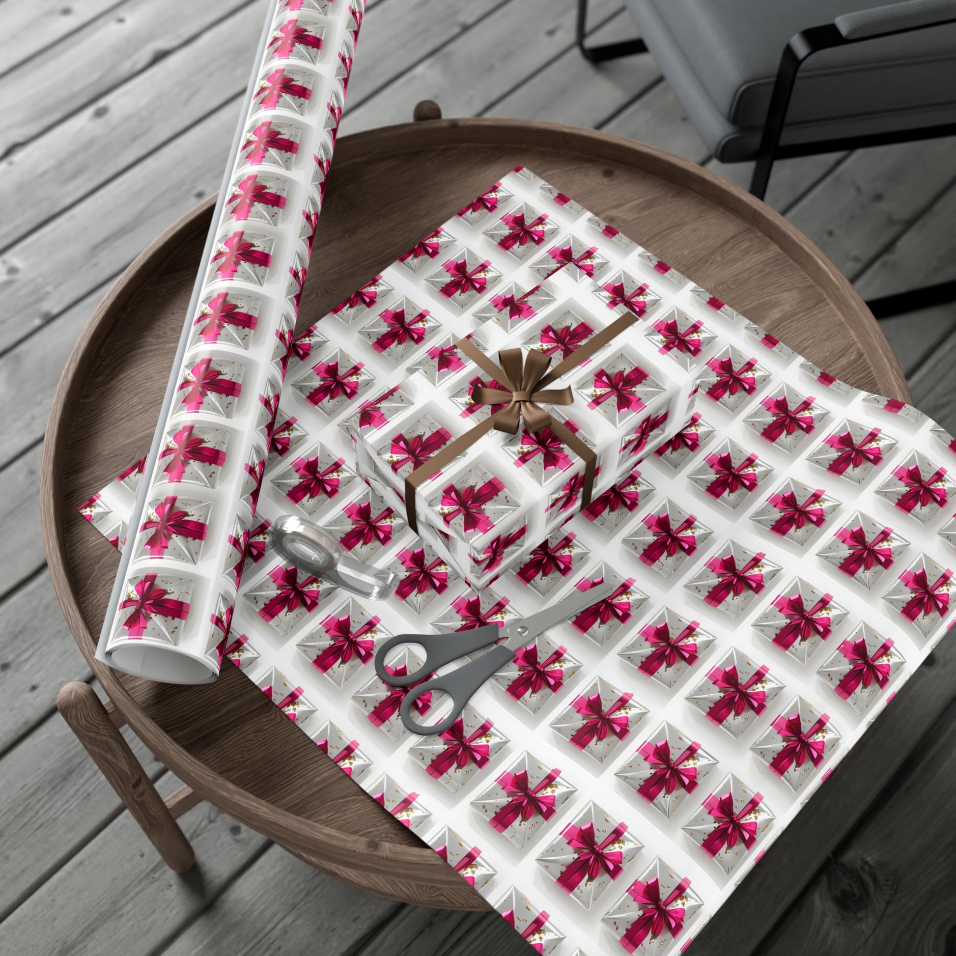 Wrapping Paper, Elegantly Wrapped Gifts On White Background with Hot Pink Bows - Gift Wrap Rolls, Eco-Friendly Gift Wrap, Holiday