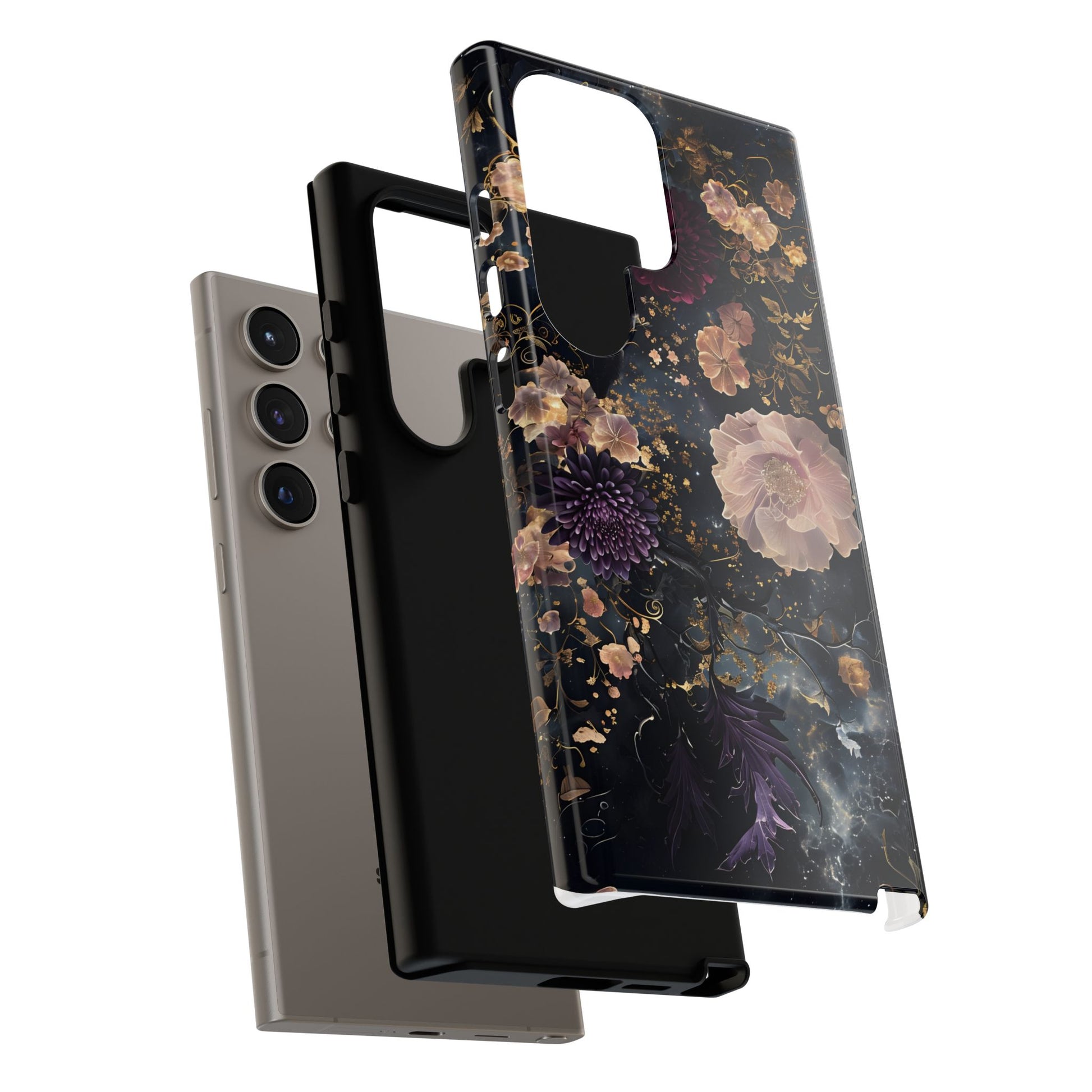 Phone Case, Whimsical Floral Pattern Against Cosmic Nebulous Background. Galaxy, Space, Tough Protective Cover, Unique Gift, Trendy