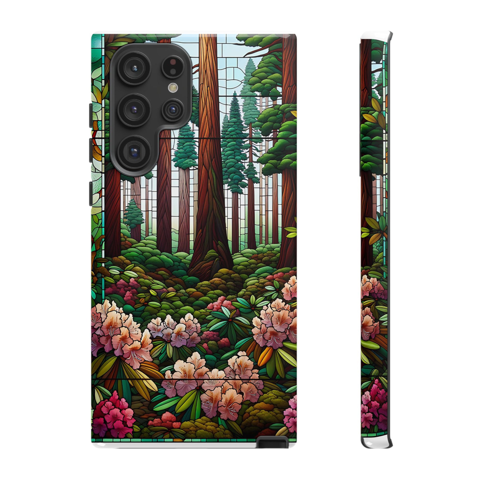 Nature Inspired Tough Cases - Redwood Trees & Rhododendrons Stained Glass iPhone Cover, Protective Phone Shell, Unique Samsung Galaxy Case,