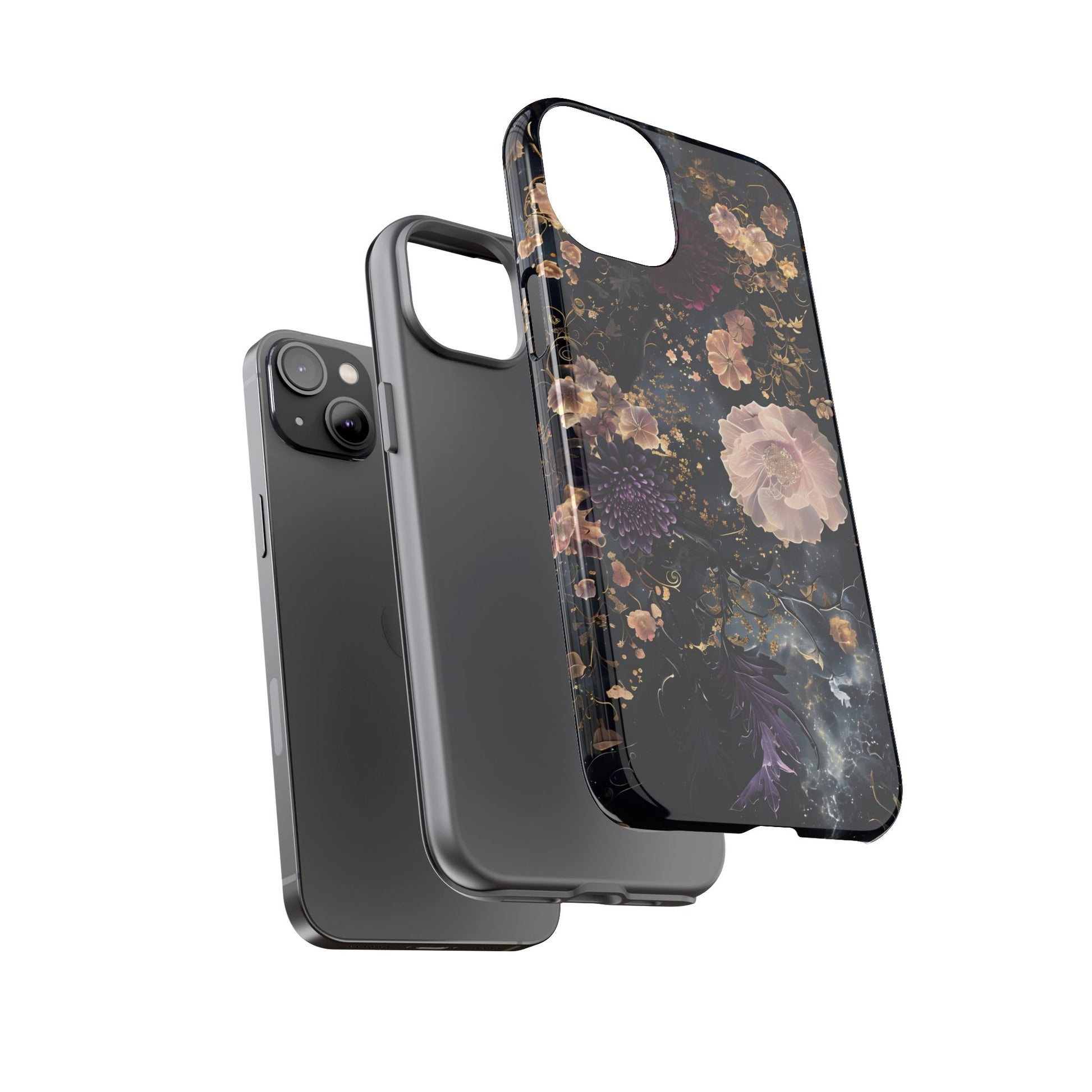 Phone Case, Whimsical Floral Pattern Against Cosmic Nebulous Background. Galaxy, Space, Tough Protective Cover, Unique Gift, Trendy