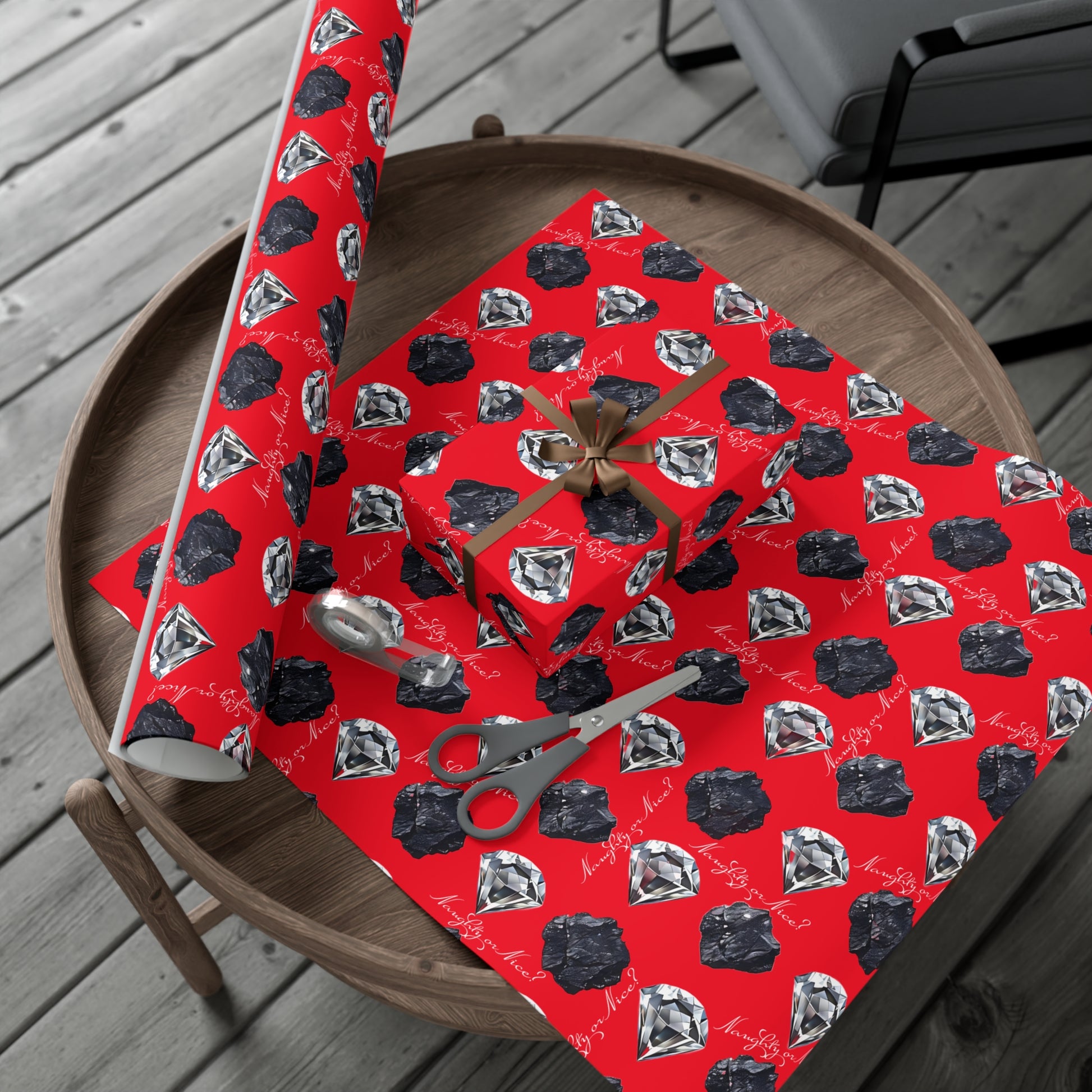 Wrapping Paper, Naughty or Nice Diamonds and Coal on Red Background - Gift Wrap Rolls, Eco-Friendly, Holiday, Christmas Gifts