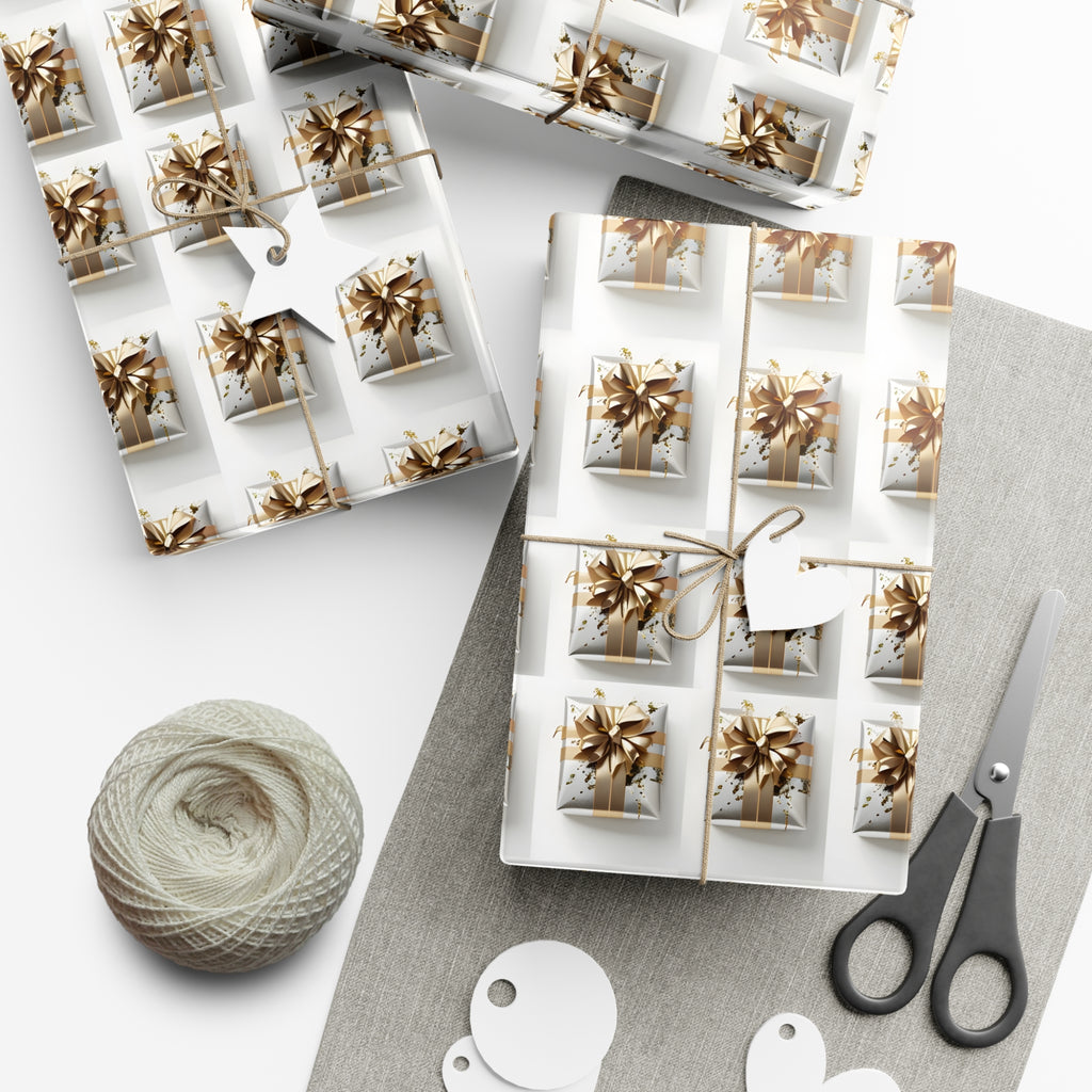 Wrapping Paper, Elegantly Wrapped Gifts On White Background with Gold Bows, Christmas Wrapping, Gift Packaging, Festive Decor, Holiday Gift