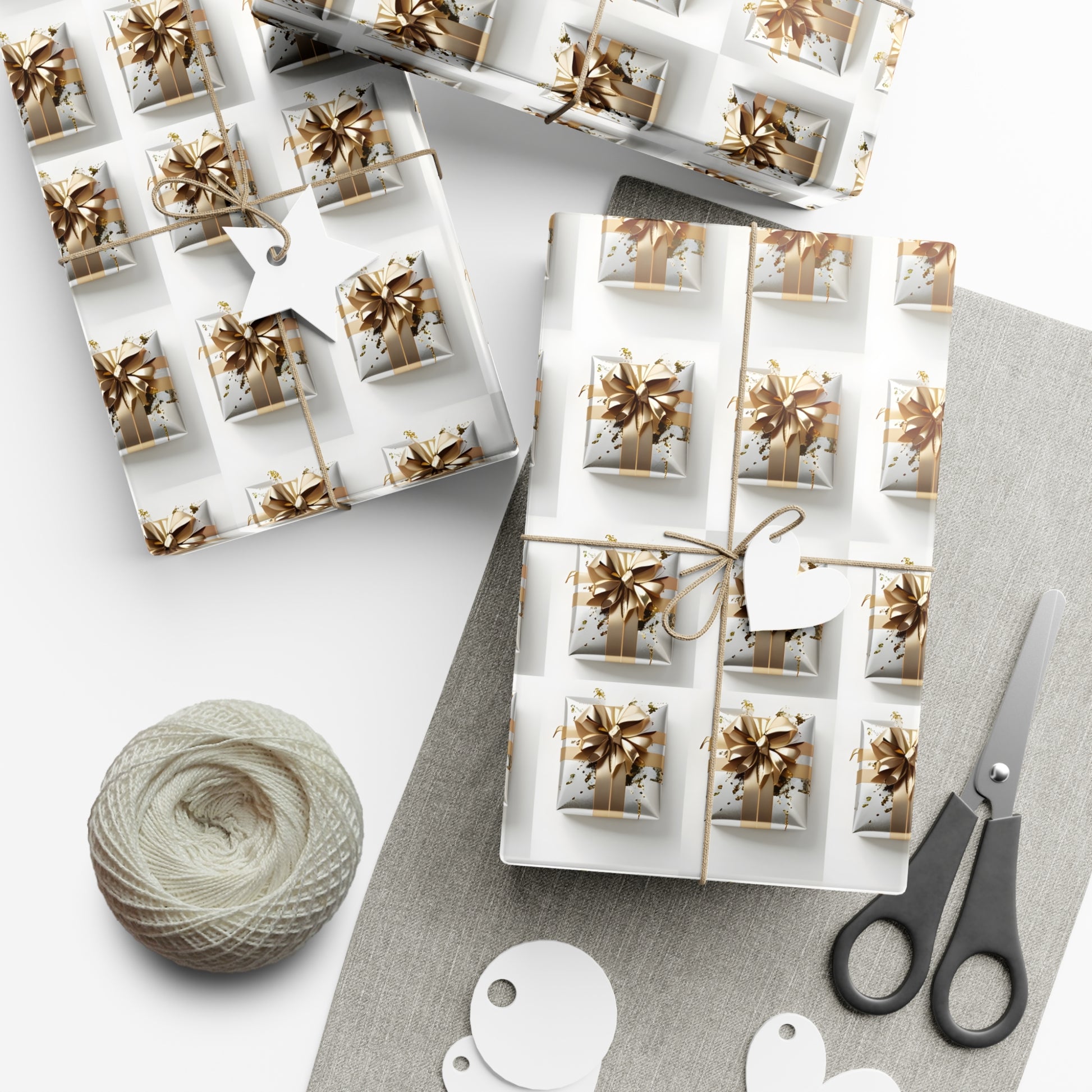 Wrapping Paper, Elegantly Wrapped Gifts On White Background with Gold Bows, Christmas Wrapping, Gift Packaging, Festive Decor, Holiday Gift