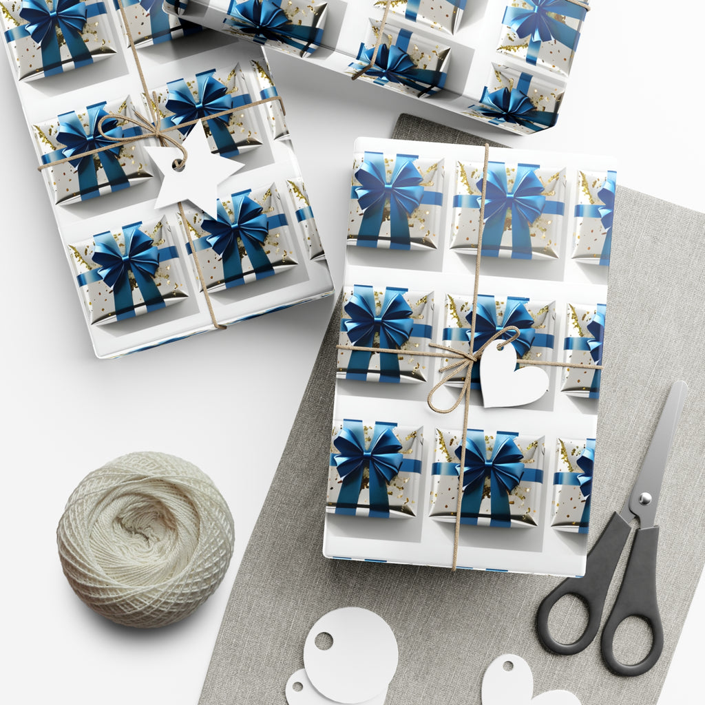 Wrapping Paper, Elegantly Wrapped Gifts On White Background with Blue Bows, Christmas Wrapping, Gift Packaging, Festive Decor, Holiday Gift