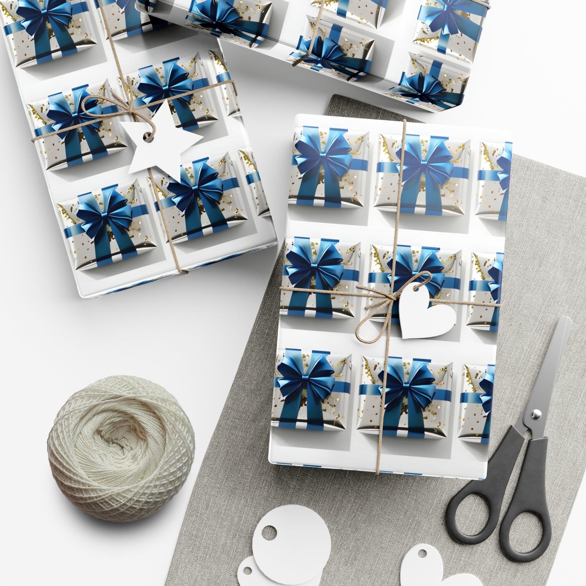 Wrapping Paper, Elegantly Wrapped Gifts On White Background with Blue Bows, Christmas Wrapping, Gift Packaging, Festive Decor, Holiday Gift