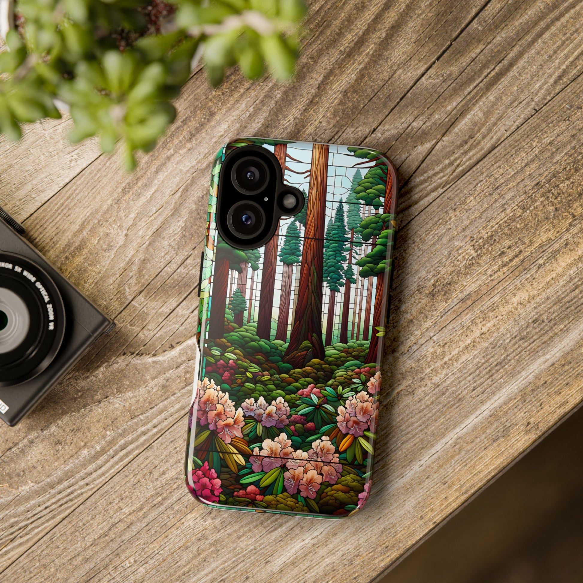 Nature Inspired Tough Cases - Redwood Trees & Rhododendrons Stained Glass iPhone Cover, Protective Phone Shell, Unique Samsung Galaxy Case,