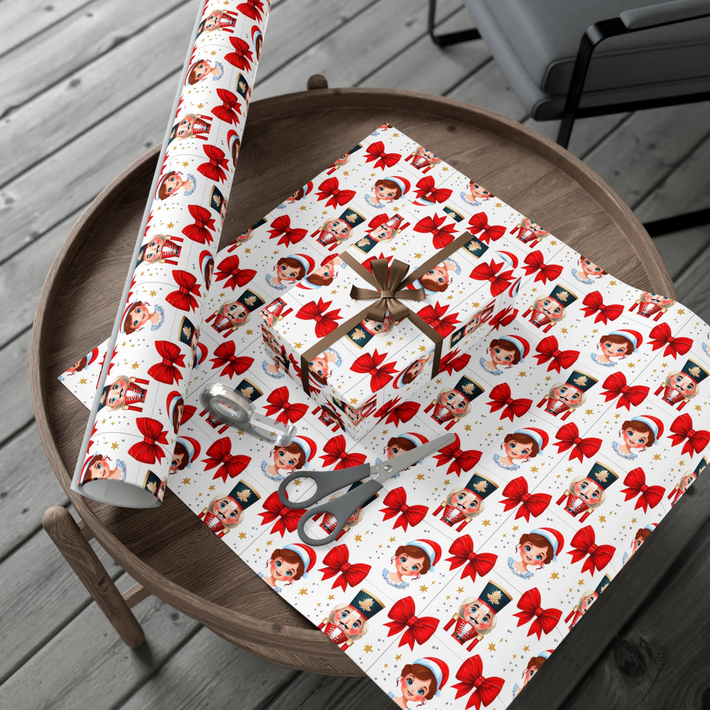 Wrapping Paper, Festive Cartoon Nutcracker And Clara Pattern With Bows - Gift Wrap Rolls, Eco-Friendly Gift Wrap, Holiday Season Wrapping