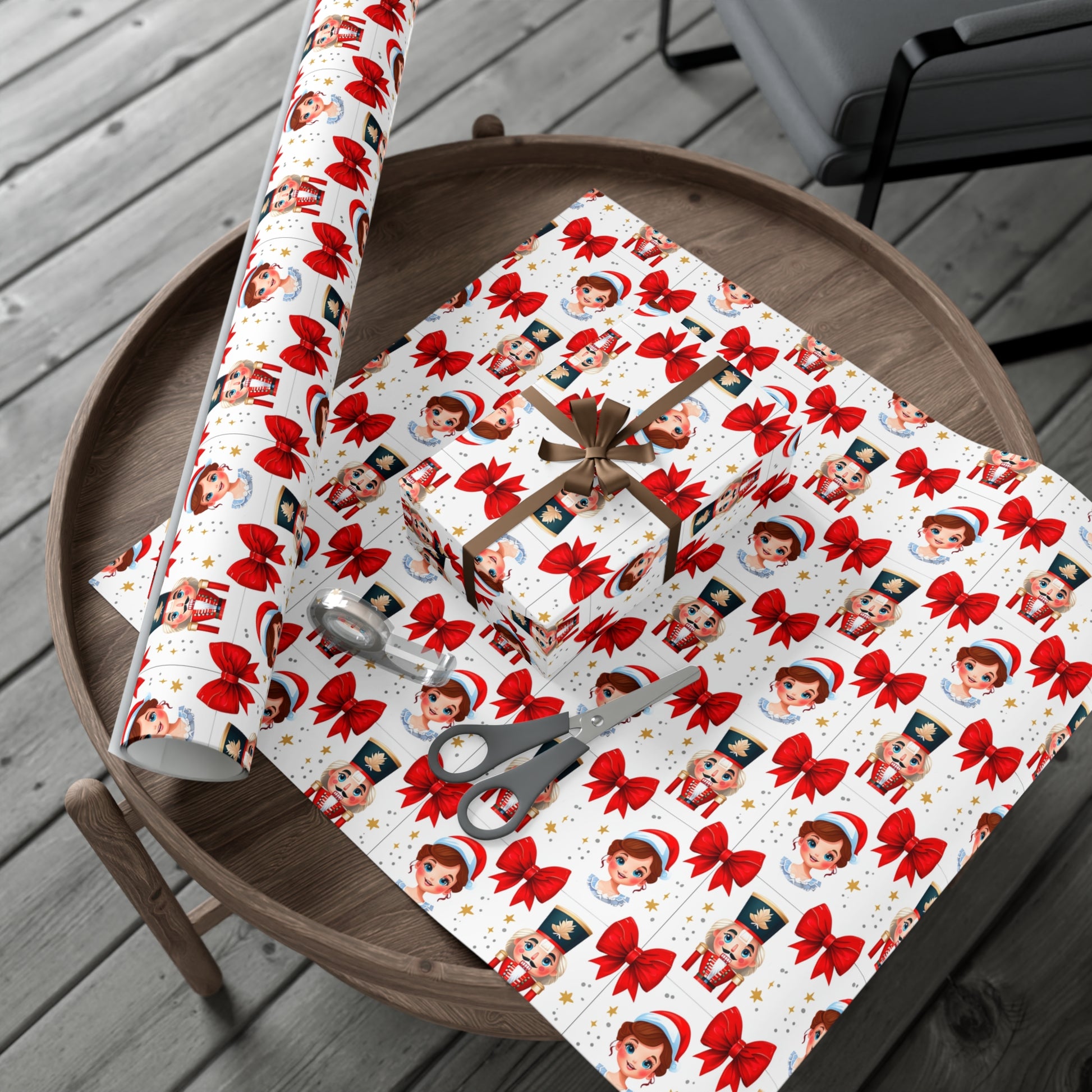 Wrapping Paper, Festive Cartoon Nutcracker And Clara Pattern With Bows - Gift Wrap Rolls, Eco-Friendly Gift Wrap, Holiday Season Wrapping