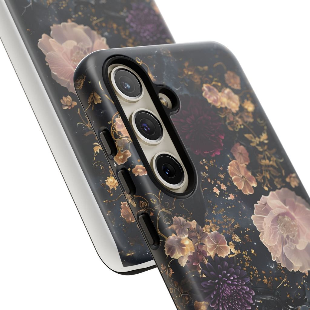 Phone Case, Whimsical Floral Pattern Against Cosmic Nebulous Background. Galaxy, Space, Tough Protective Cover, Unique Gift, Trendy