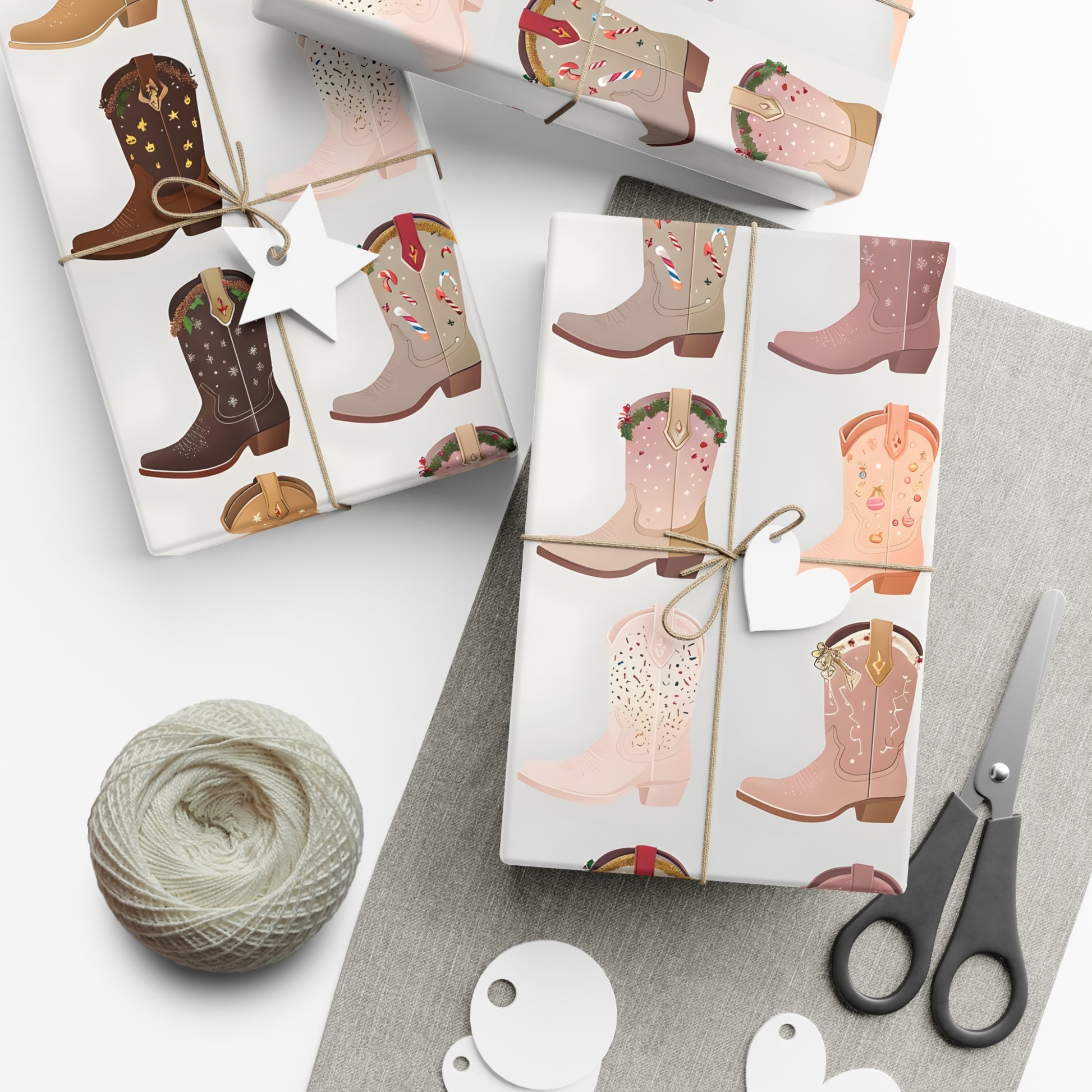 Wrapping Paper, Colorful Cowboy Boots Displaying Festive Holiday Designs, Christmas Wrapping, Gift Packaging, Festive Decor, Holiday Gift