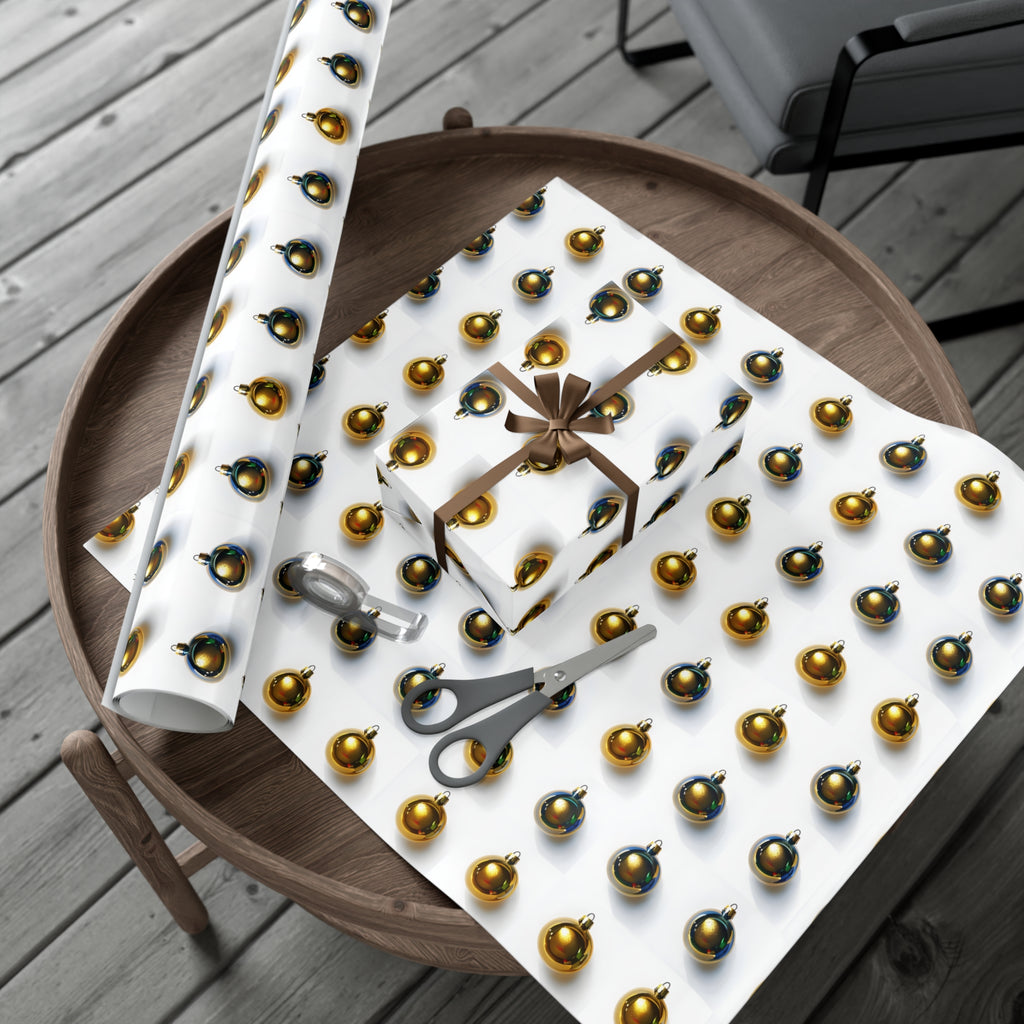 Wrapping Paper, Gold Christmas Ornaments On White Background - Gift Wrap Rolls, Eco-Friendly Gift Wrap, Holiday