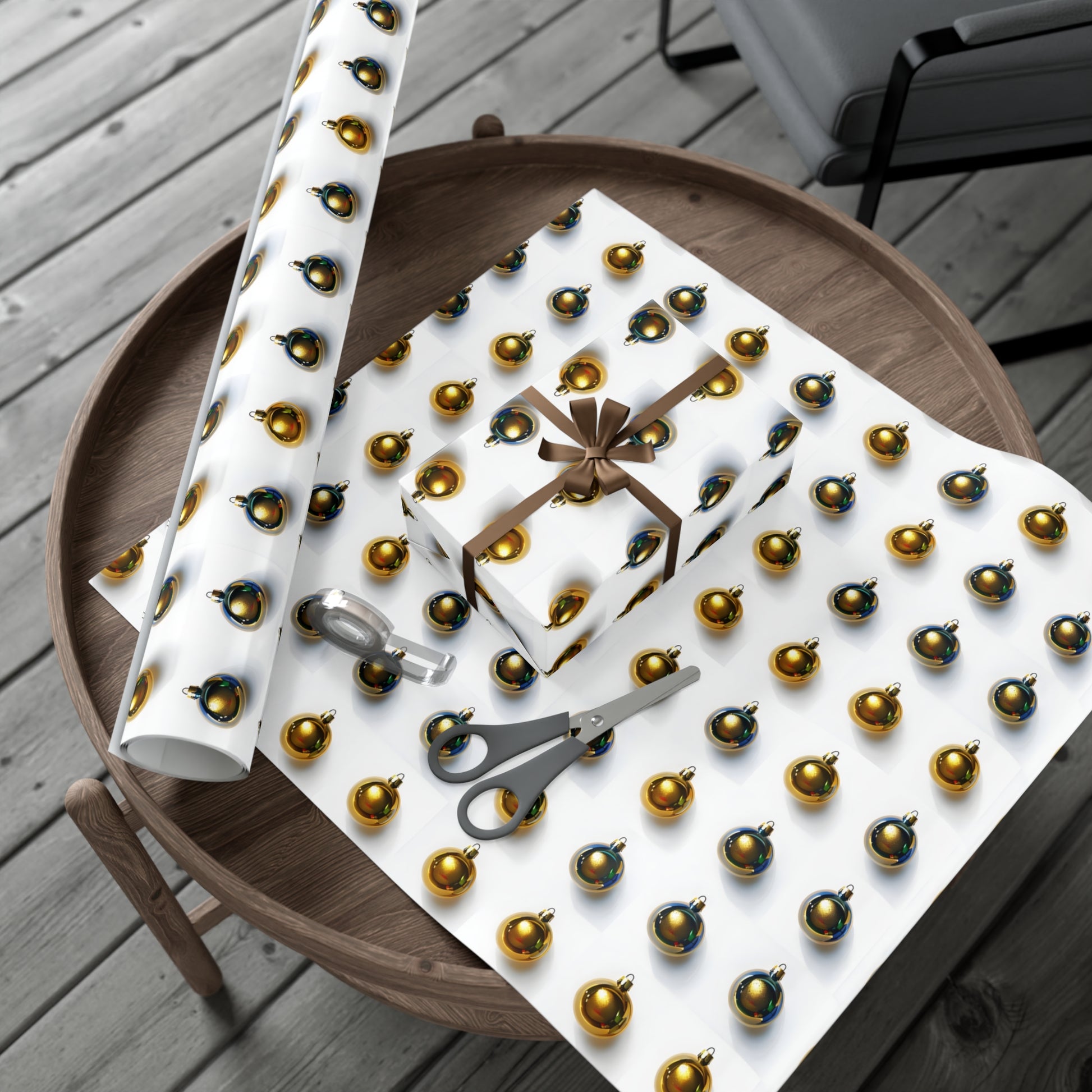 Wrapping Paper, Gold Christmas Ornaments On White Background - Gift Wrap Rolls, Eco-Friendly Gift Wrap, Holiday