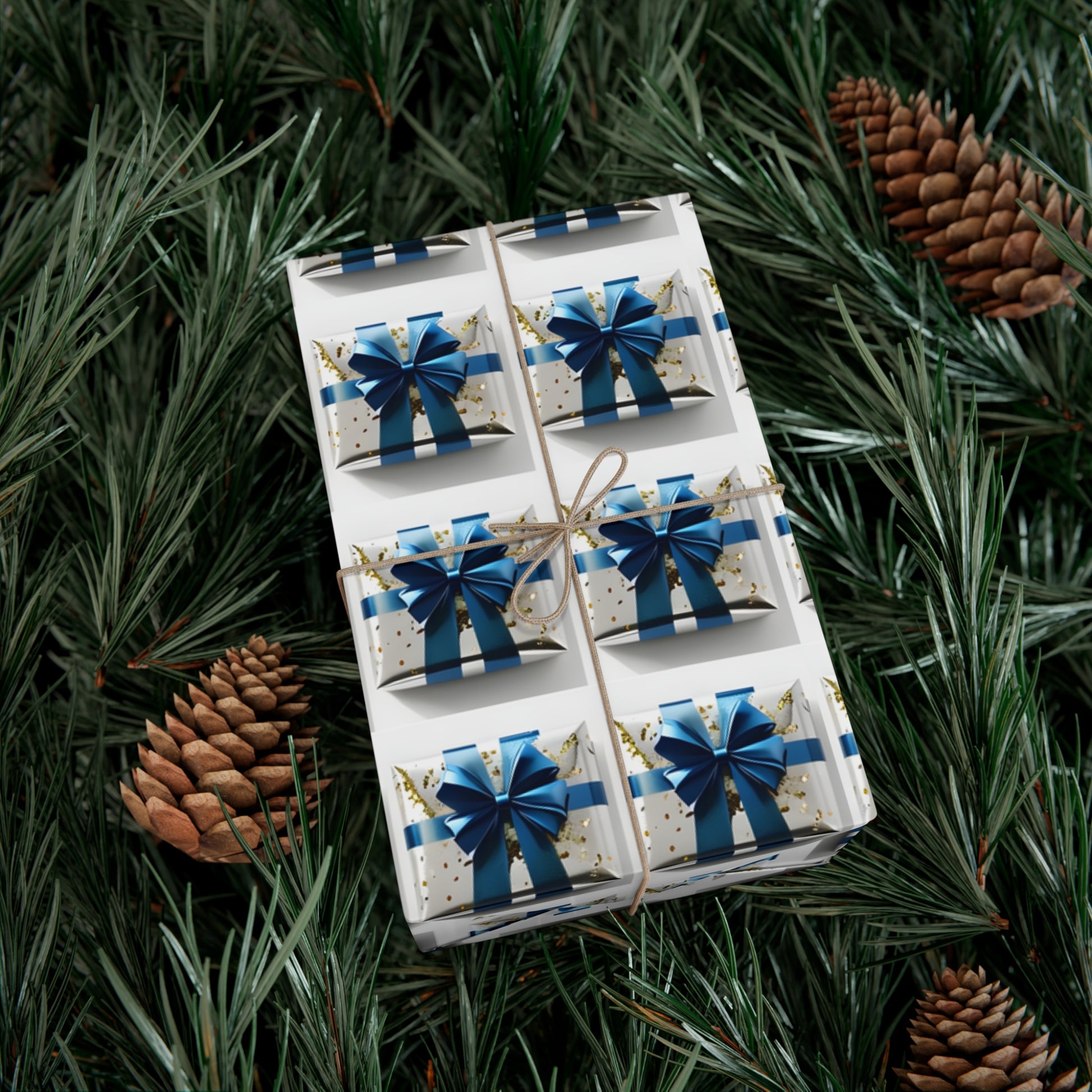 Wrapping Paper, Elegantly Wrapped Gifts On White Background with Blue Bows, Christmas Wrapping, Gift Packaging, Festive Decor, Holiday Gift