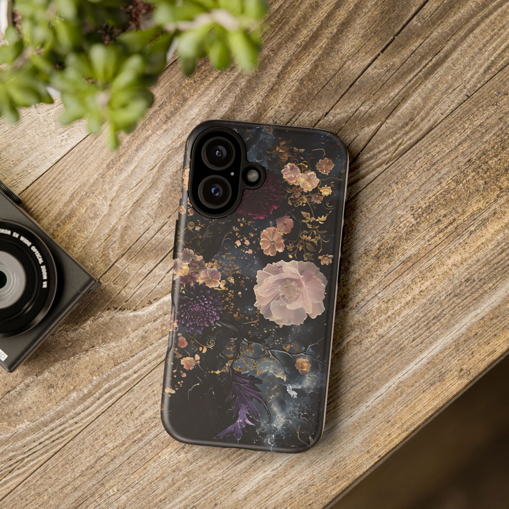 Phone Case, Whimsical Floral Pattern Against Cosmic Nebulous Background. Galaxy, Space, Tough Protective Cover, Unique Gift, Trendy