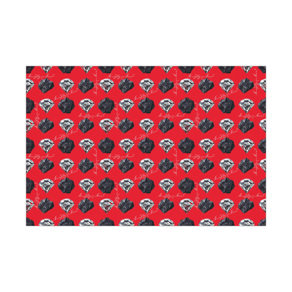 Wrapping Paper, Naughty or Nice Diamonds and Coal on Red Background - Gift Wrap Rolls, Eco-Friendly, Holiday, Christmas Gifts