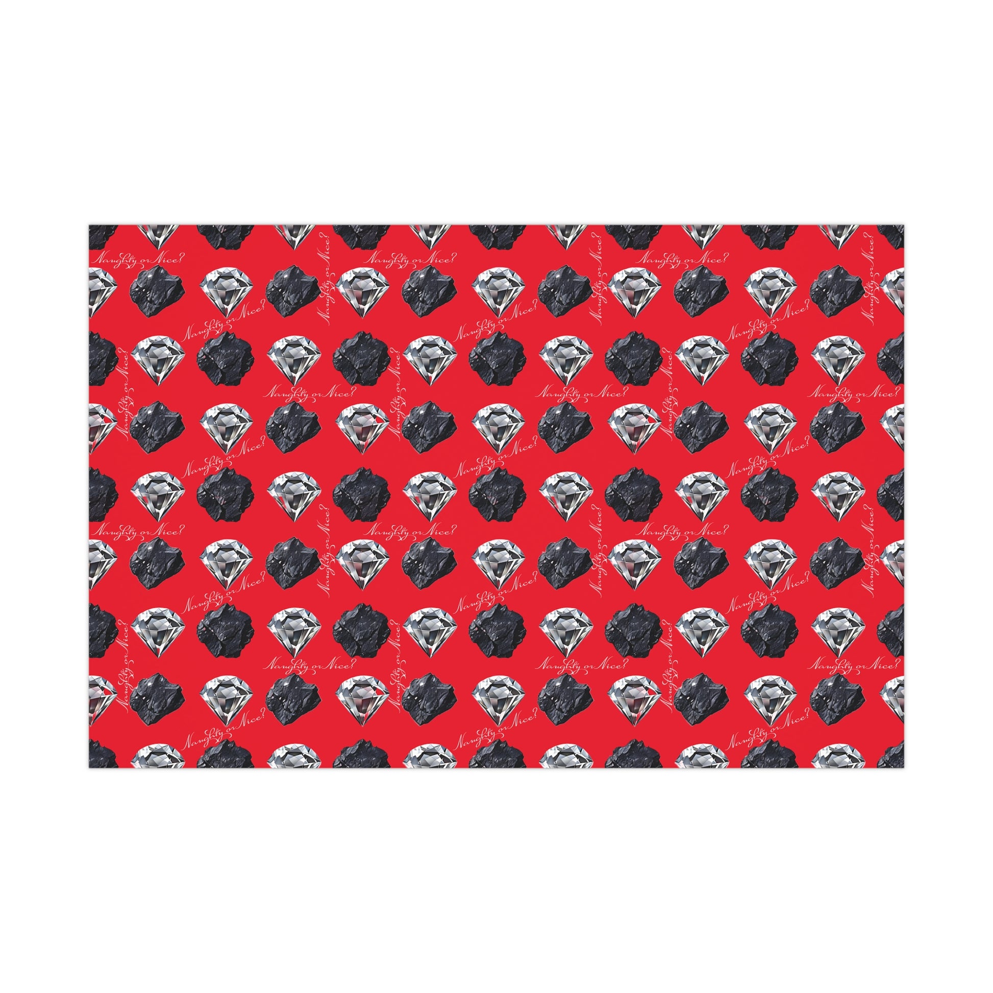 Wrapping Paper, Naughty or Nice Diamonds and Coal on Red Background - Gift Wrap Rolls, Eco-Friendly, Holiday, Christmas Gifts