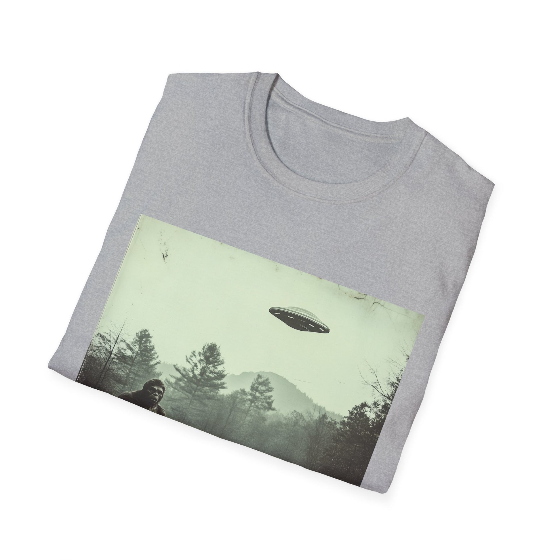 Bigfoot & UFO Unisex T-Shirt, Sasquatch Alien Tee, Cryptid Spaceship Shirt, Extraterrestrial Fantasy Clothing, Funny Yeti Top
