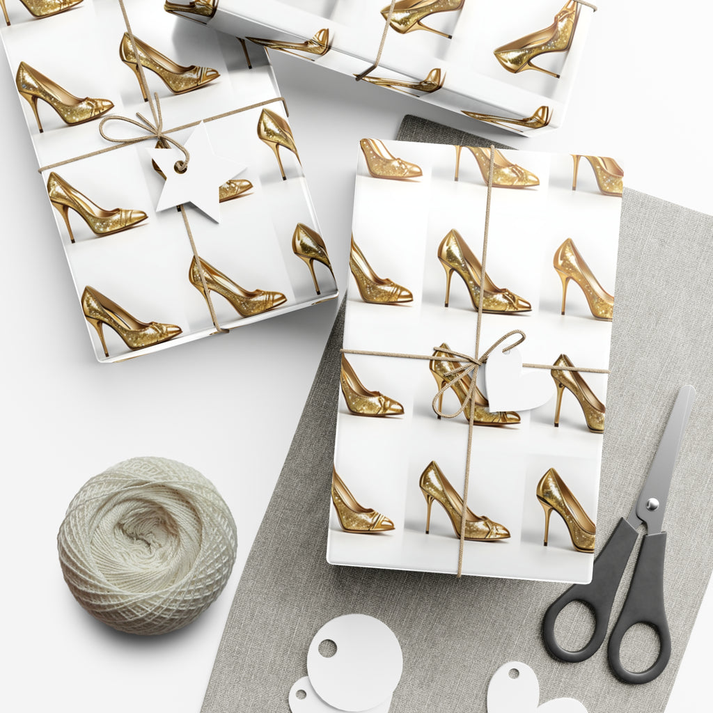 Wrapping Paper, Glimmering Gold High Heels On White Background - Gift Wrap Rolls, Eco-Friendly Gift Wrap, Holiday