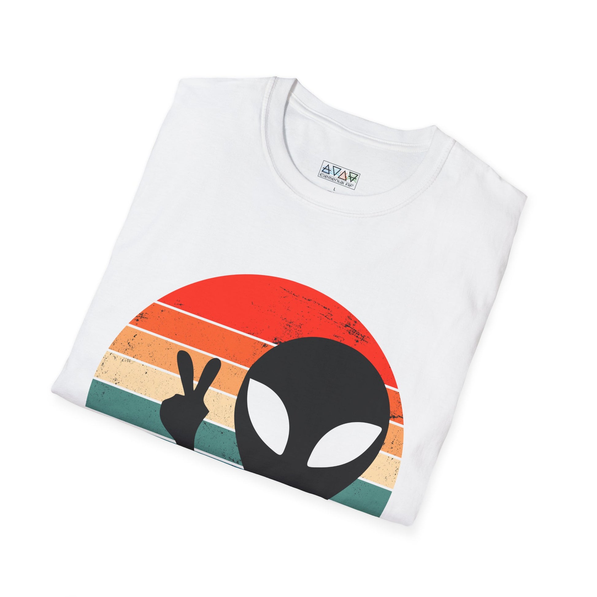 Retro Alien Vibes Unisex Softstyle T-Shirt, Cute Graphic Tee for Casual Wear, Fun Gift for Sci-Fi Lovers, Summer Party Shirt, Peace Sign Tee