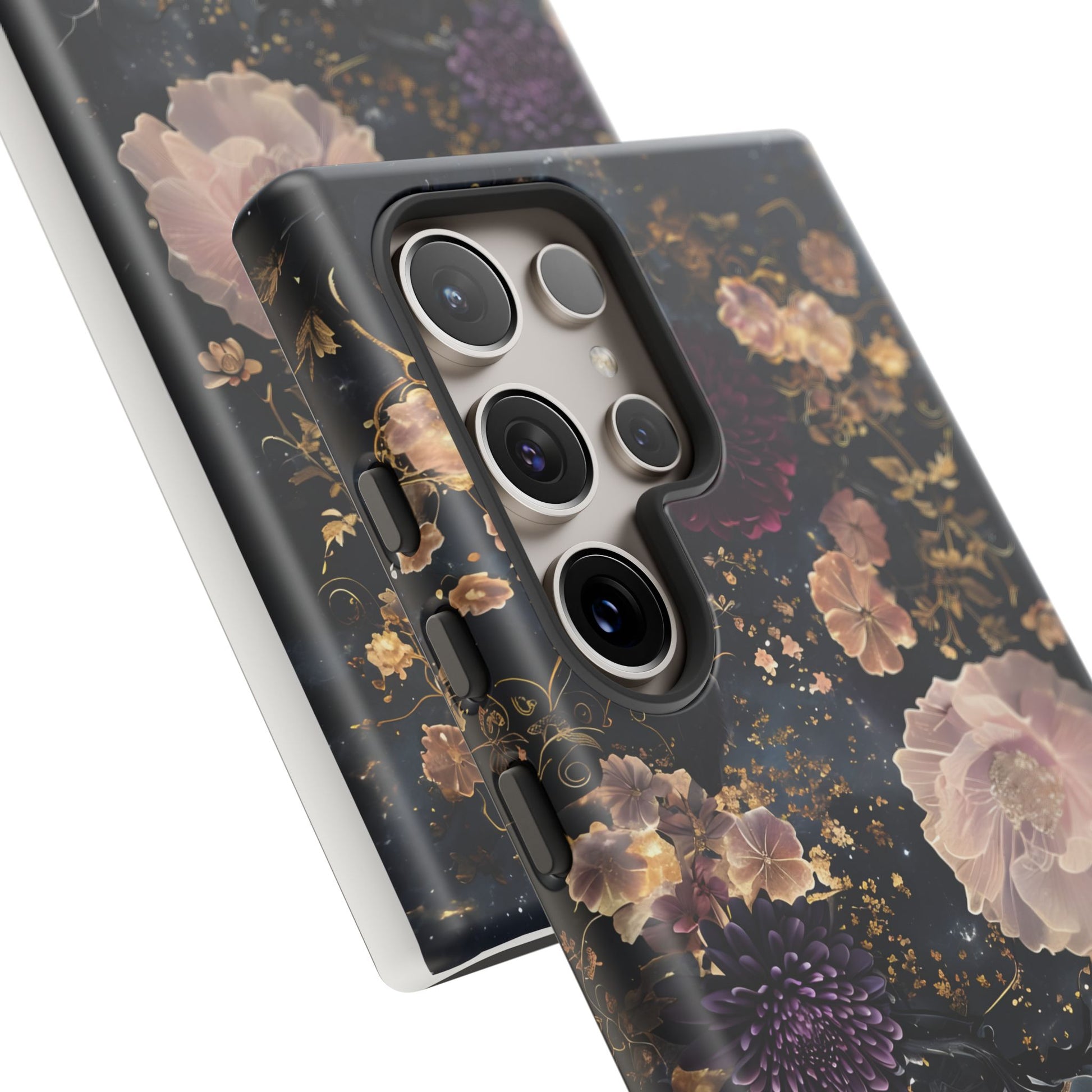 Phone Case, Whimsical Floral Pattern Against Cosmic Nebulous Background. Galaxy, Space, Tough Protective Cover, Unique Gift, Trendy