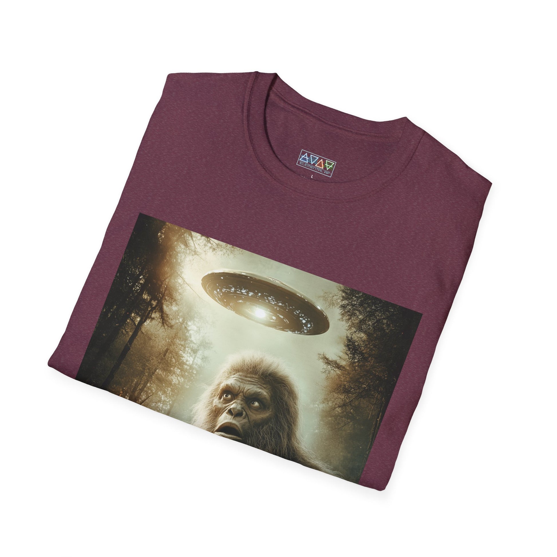 Bigfoot UFO Unisex Softstyle T-Shirt, Funny Graphic Tee, Sasquatch Clothing, Alien Lover Gift, Outdoor Adventure Tee, Casual Wear