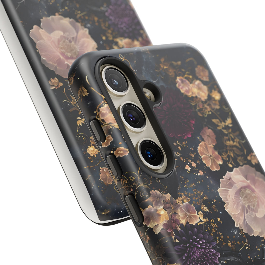 Phone Case, Whimsical Floral Pattern Against Cosmic Nebulous Background. Galaxy, Space, Tough Protective Cover, Unique Gift, Trendy
