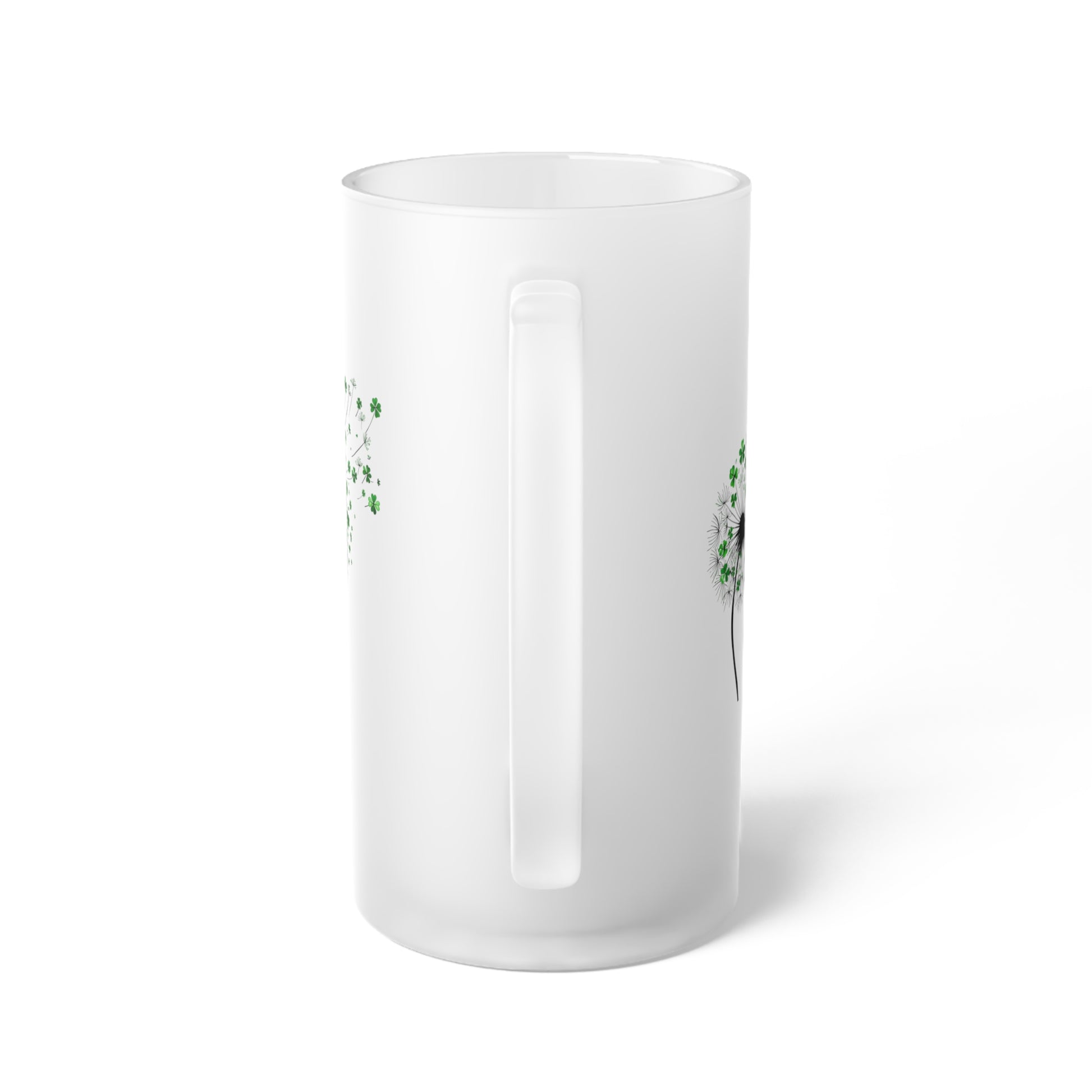 Beer Mug, Minimalist Watercolor Dandelion With Shamrock Elements, Frosted Glass Stein, Gift for Nature Lovers, St. Patrick's Day Decor,