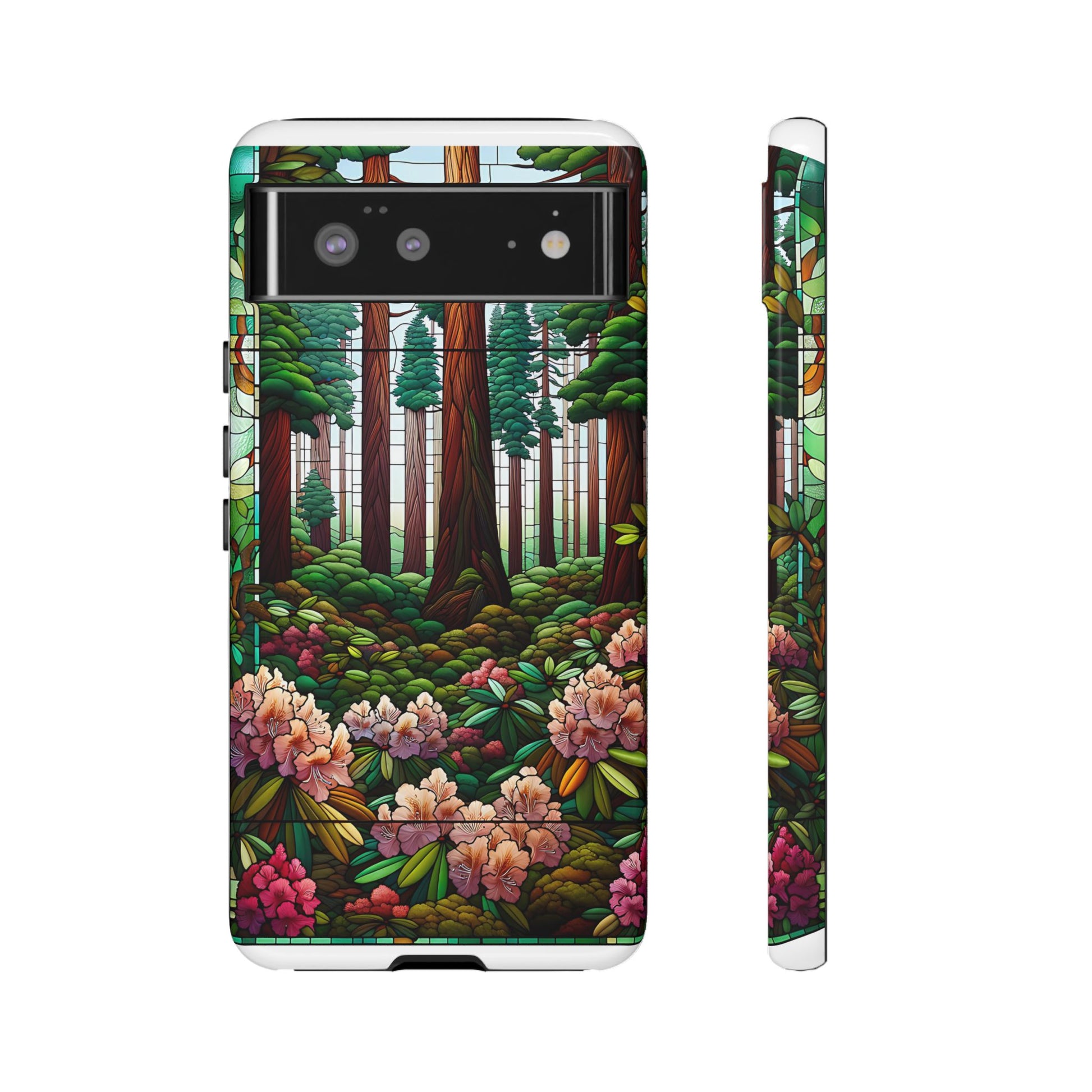 Nature Inspired Tough Cases - Redwood Trees & Rhododendrons Stained Glass iPhone Cover, Protective Phone Shell, Unique Samsung Galaxy Case,