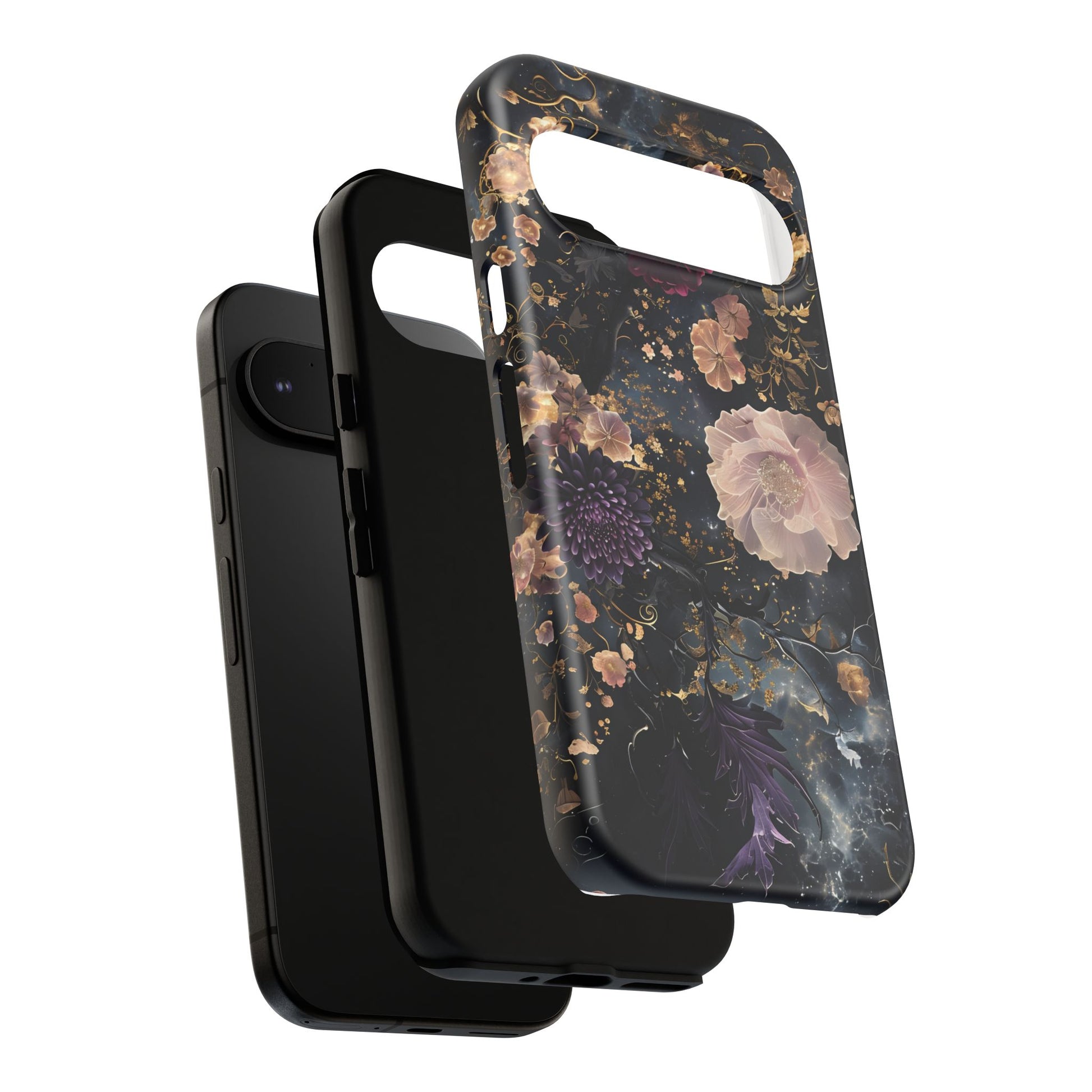 Phone Case, Whimsical Floral Pattern Against Cosmic Nebulous Background. Galaxy, Space, Tough Protective Cover, Unique Gift, Trendy