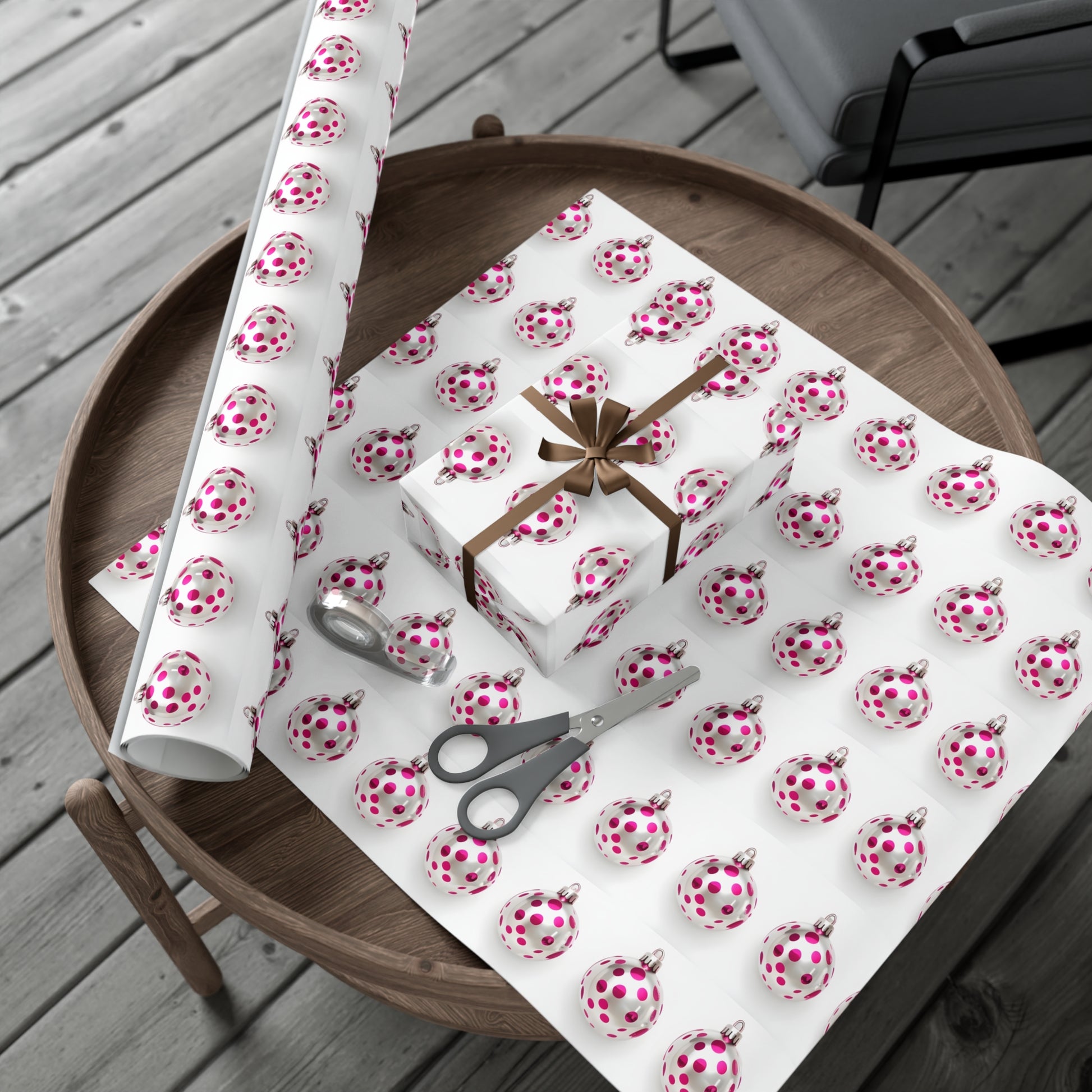 Wrapping Paper, Hot Pink Polka Dot Christmas Ornaments On White Background - Gift Wrap Rolls, Eco-Friendly Gift Wrap, Holiday