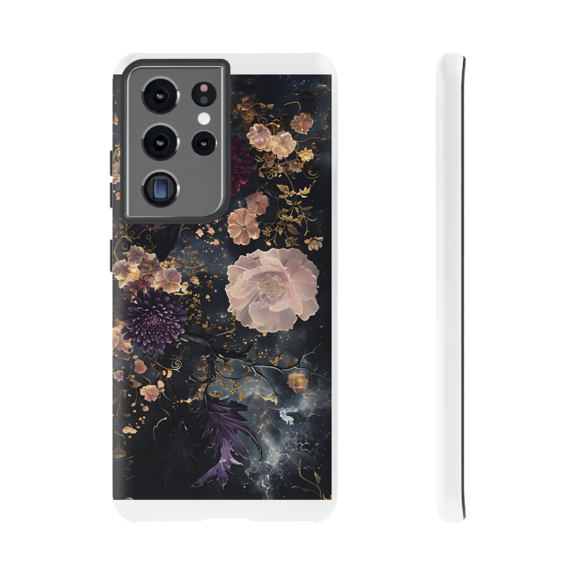 Phone Case, Whimsical Floral Pattern Against Cosmic Nebulous Background. Galaxy, Space, Tough Protective Cover, Unique Gift, Trendy