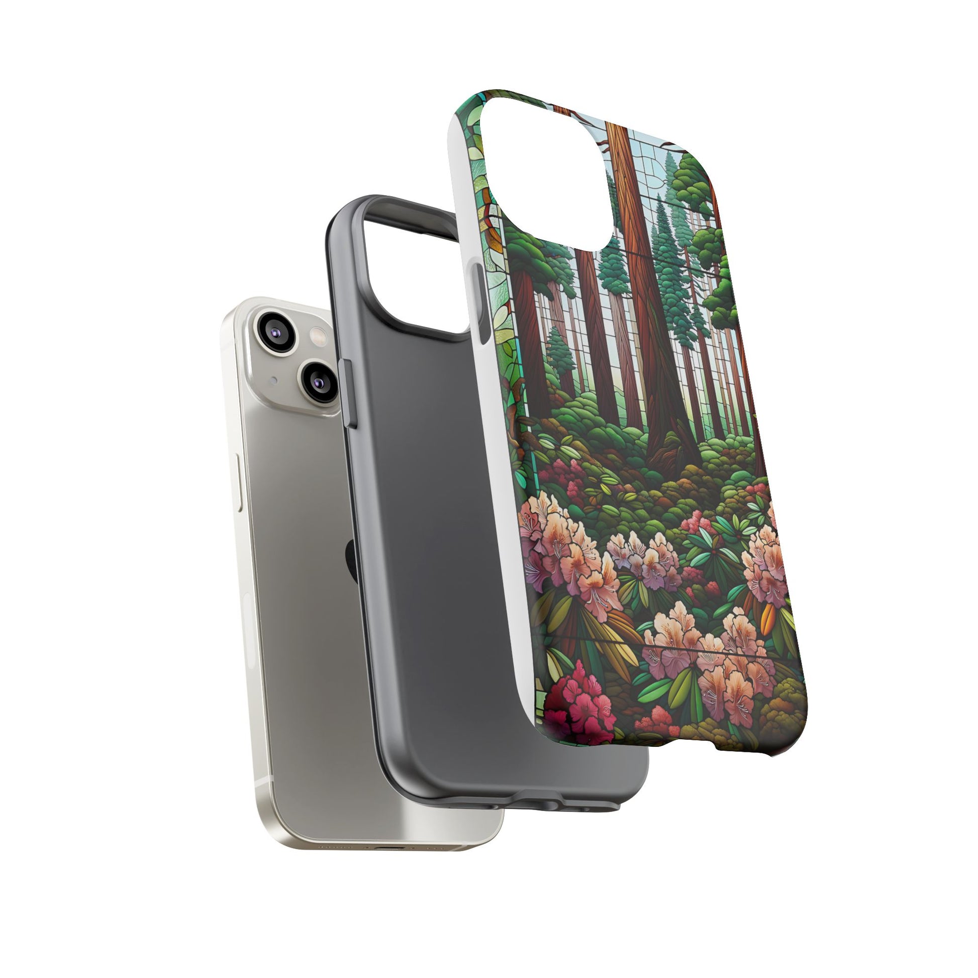 Nature Inspired Tough Cases - Redwood Trees & Rhododendrons Stained Glass iPhone Cover, Protective Phone Shell, Unique Samsung Galaxy Case,