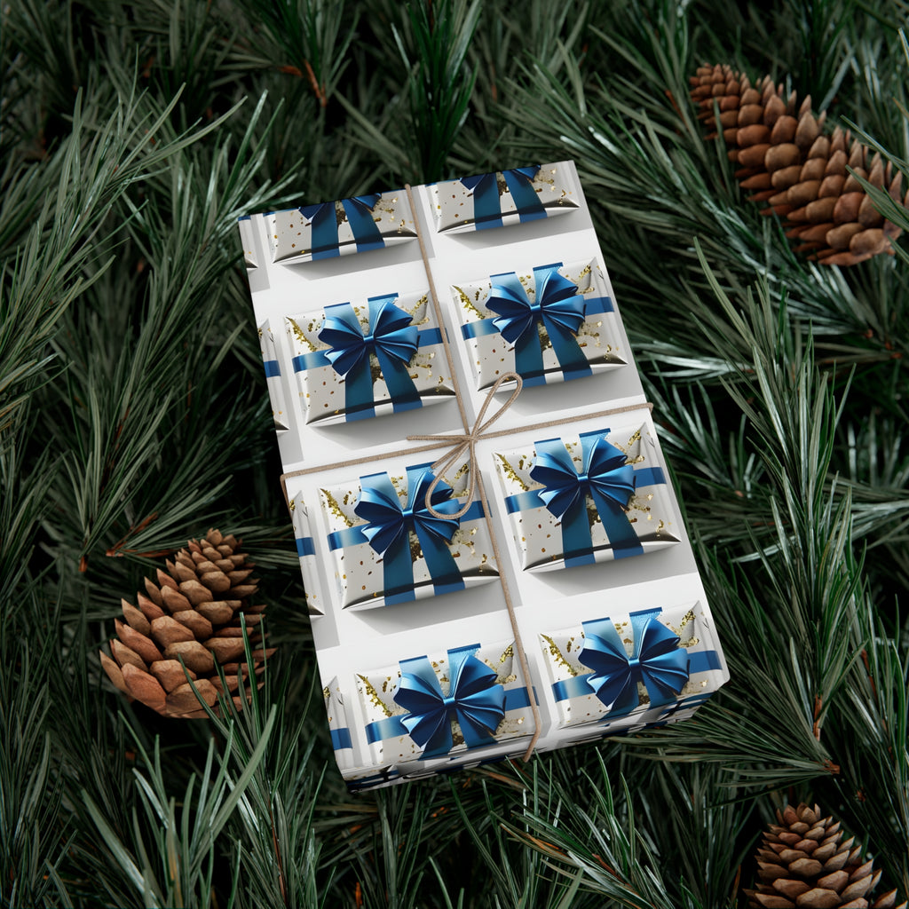Wrapping Paper, Elegantly Wrapped Gifts On White Background with Blue Bows, Christmas Wrapping, Gift Packaging, Festive Decor, Holiday Gift
