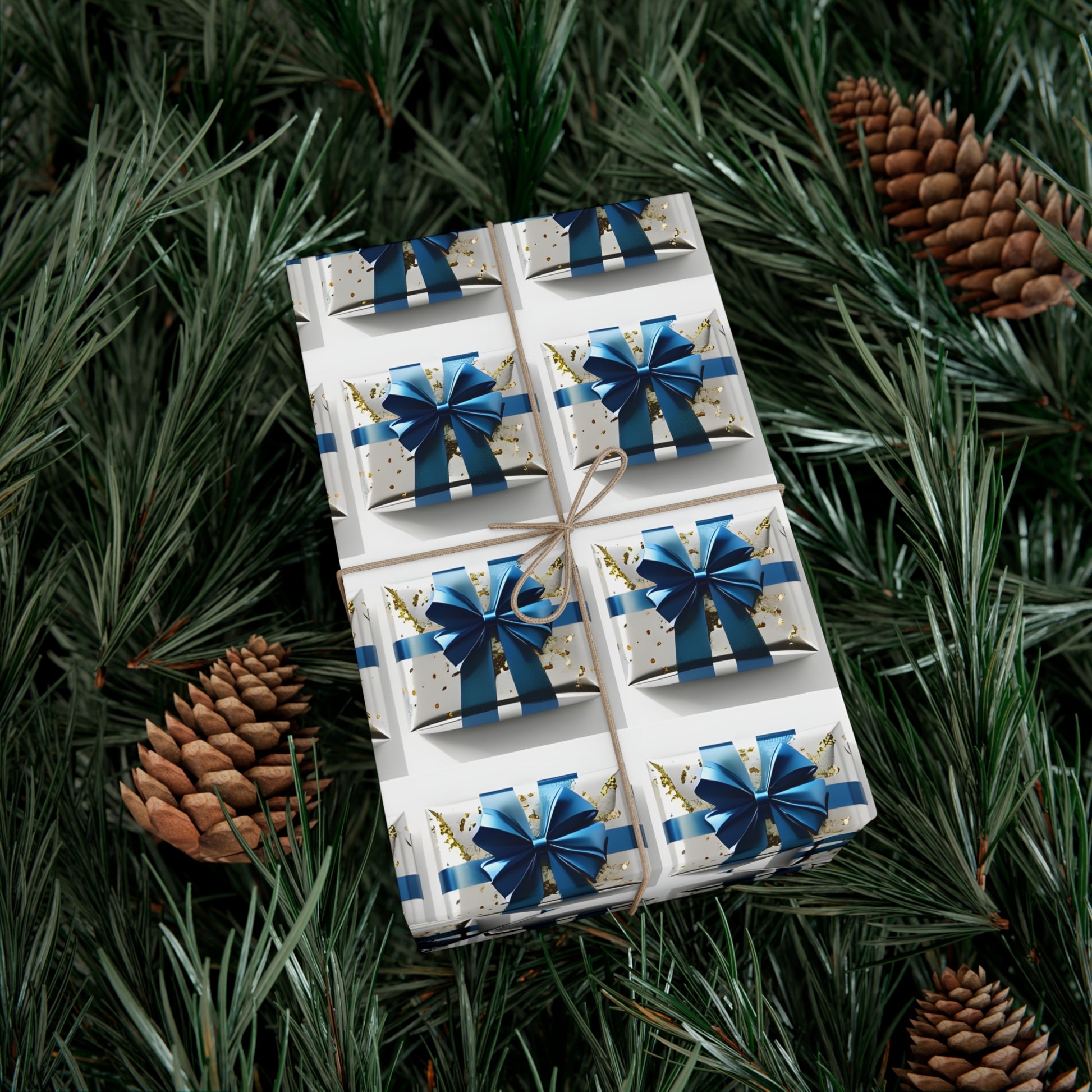 Wrapping Paper, Elegantly Wrapped Gifts On White Background with Blue Bows, Christmas Wrapping, Gift Packaging, Festive Decor, Holiday Gift