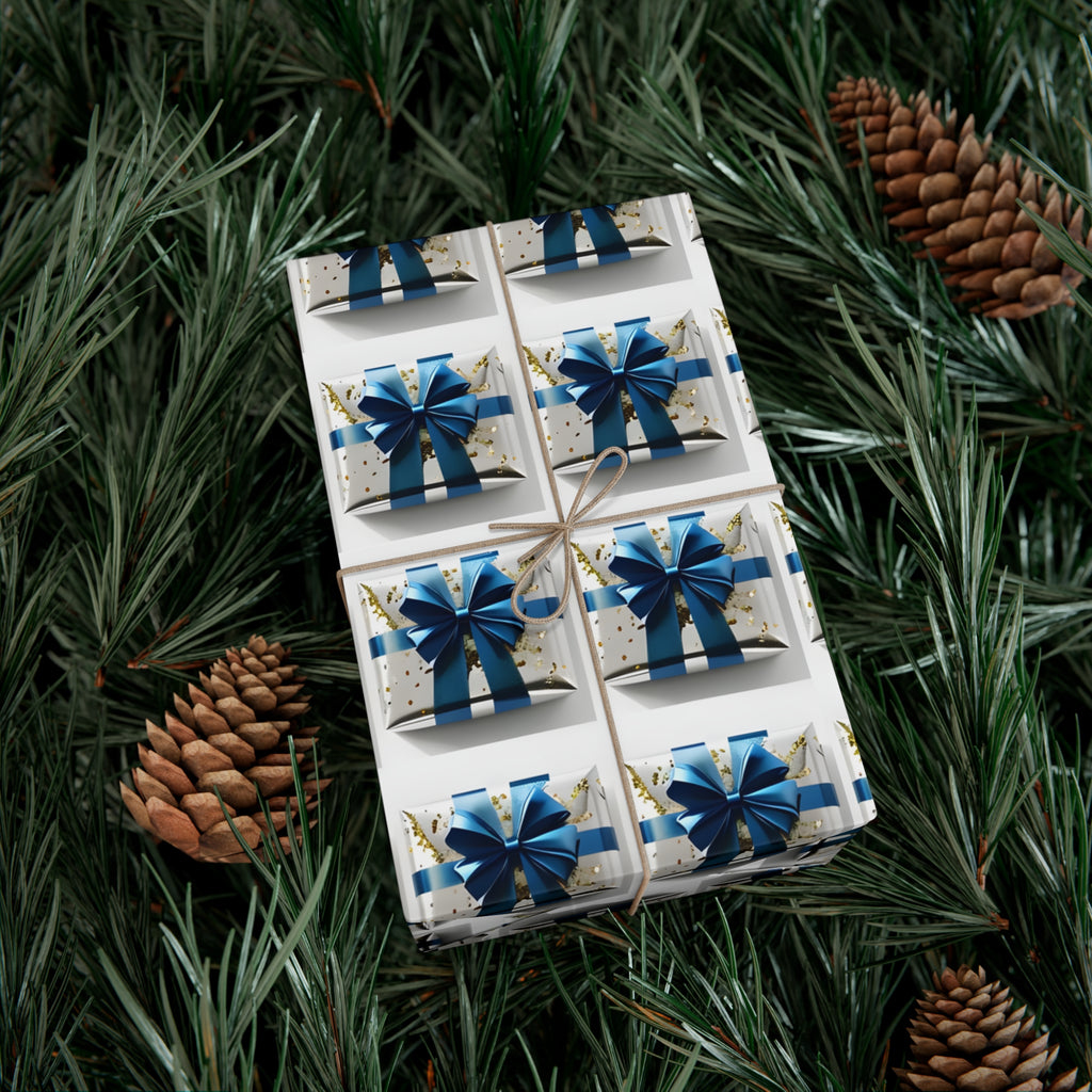 Wrapping Paper, Elegantly Wrapped Gifts On White Background with Blue Bows, Christmas Wrapping, Gift Packaging, Festive Decor, Holiday Gift