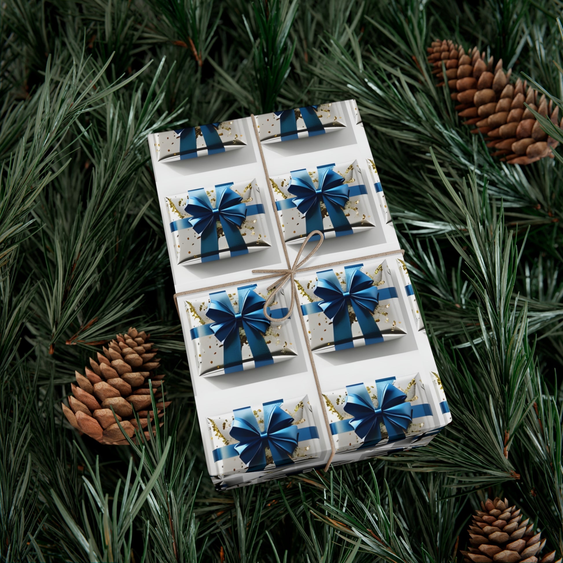Wrapping Paper, Elegantly Wrapped Gifts On White Background with Blue Bows, Christmas Wrapping, Gift Packaging, Festive Decor, Holiday Gift