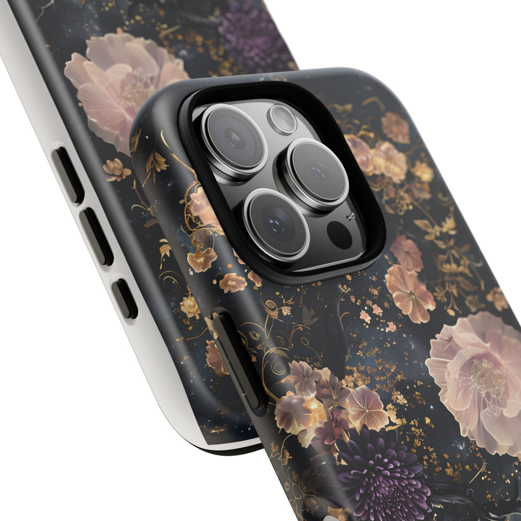 Phone Case, Whimsical Floral Pattern Against Cosmic Nebulous Background. Galaxy, Space, Tough Protective Cover, Unique Gift, Trendy