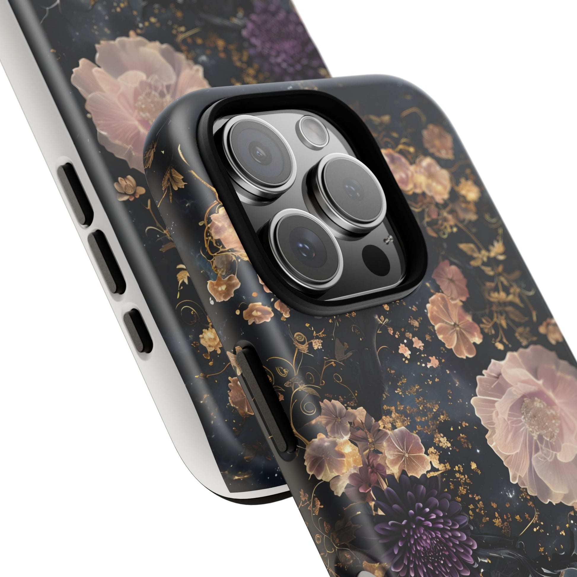 Phone Case, Whimsical Floral Pattern Against Cosmic Nebulous Background. Galaxy, Space, Tough Protective Cover, Unique Gift, Trendy