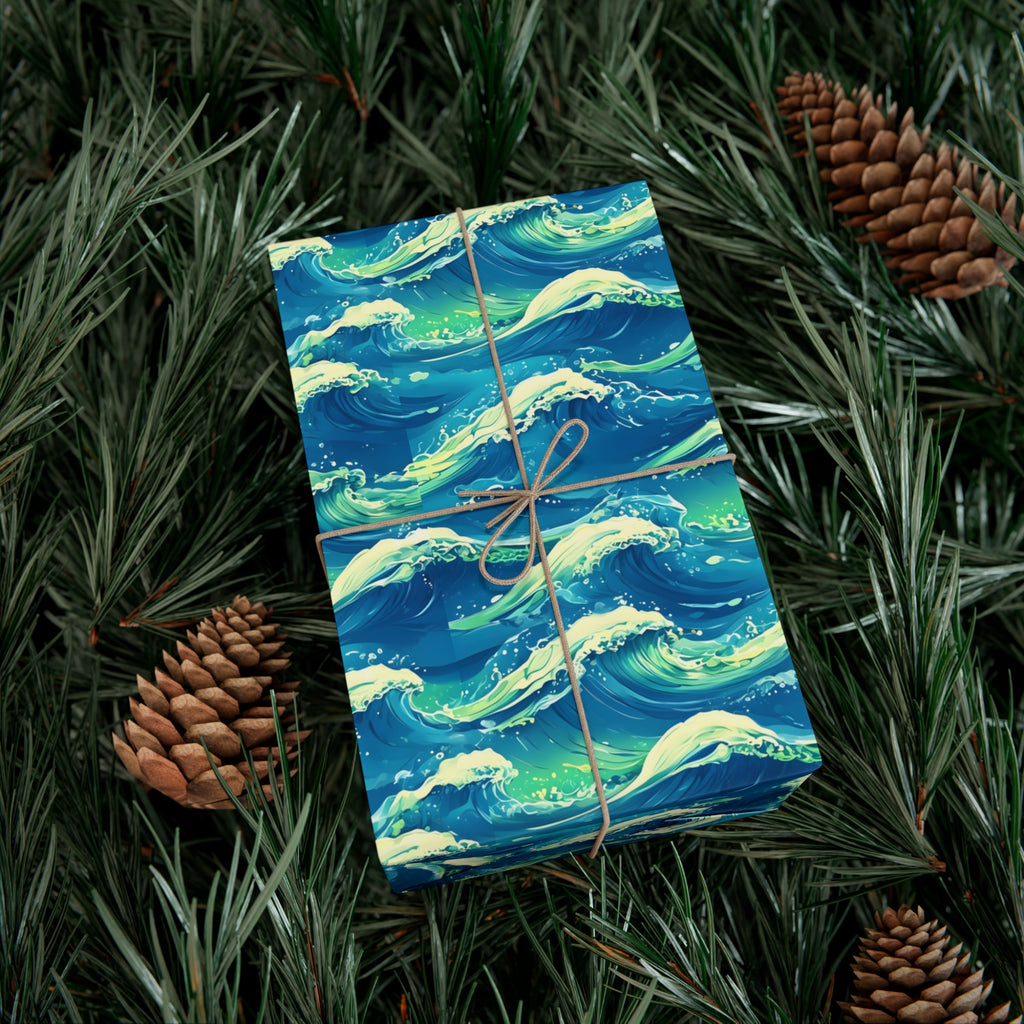 Wrapping Paper, Vibrant Seamless Ocean Waves Gift Wrap Roll, Nautical Gift Packaging, Beach Theme Gift Wrap, Coastal Holiday Wrapping