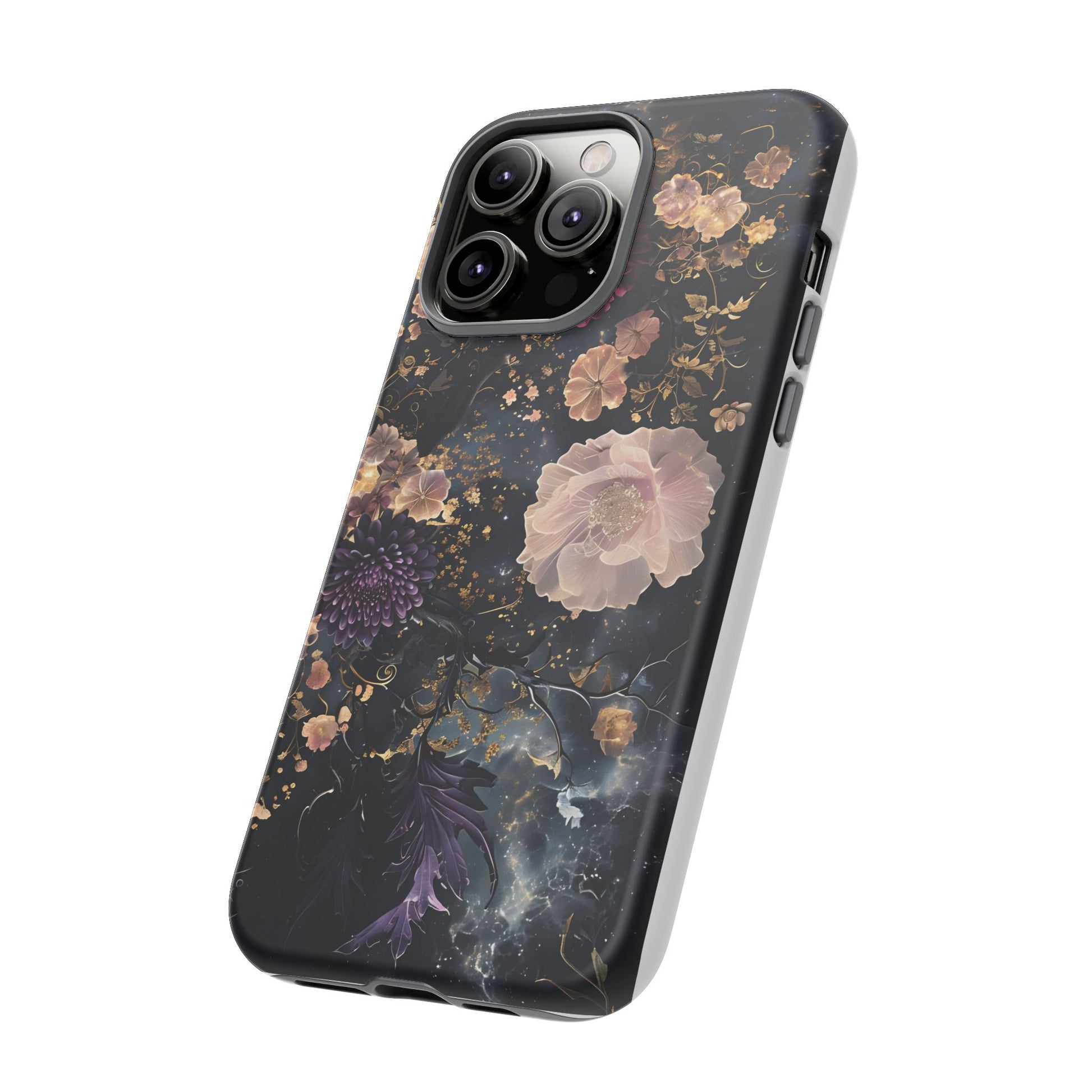 Phone Case, Whimsical Floral Pattern Against Cosmic Nebulous Background. Galaxy, Space, Tough Protective Cover, Unique Gift, Trendy