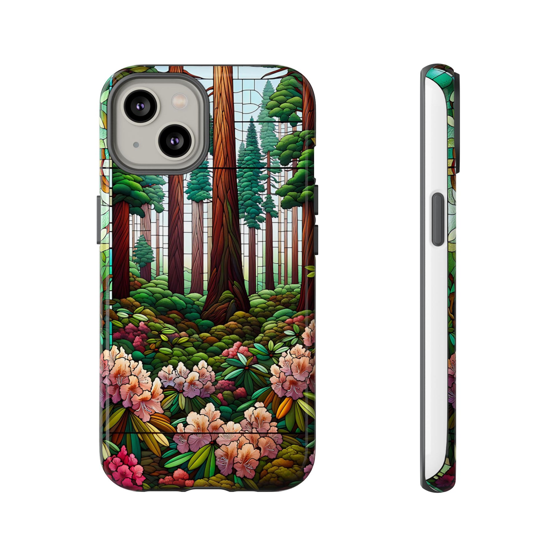 Nature Inspired Tough Cases - Redwood Trees & Rhododendrons Stained Glass iPhone Cover, Protective Phone Shell, Unique Samsung Galaxy Case,