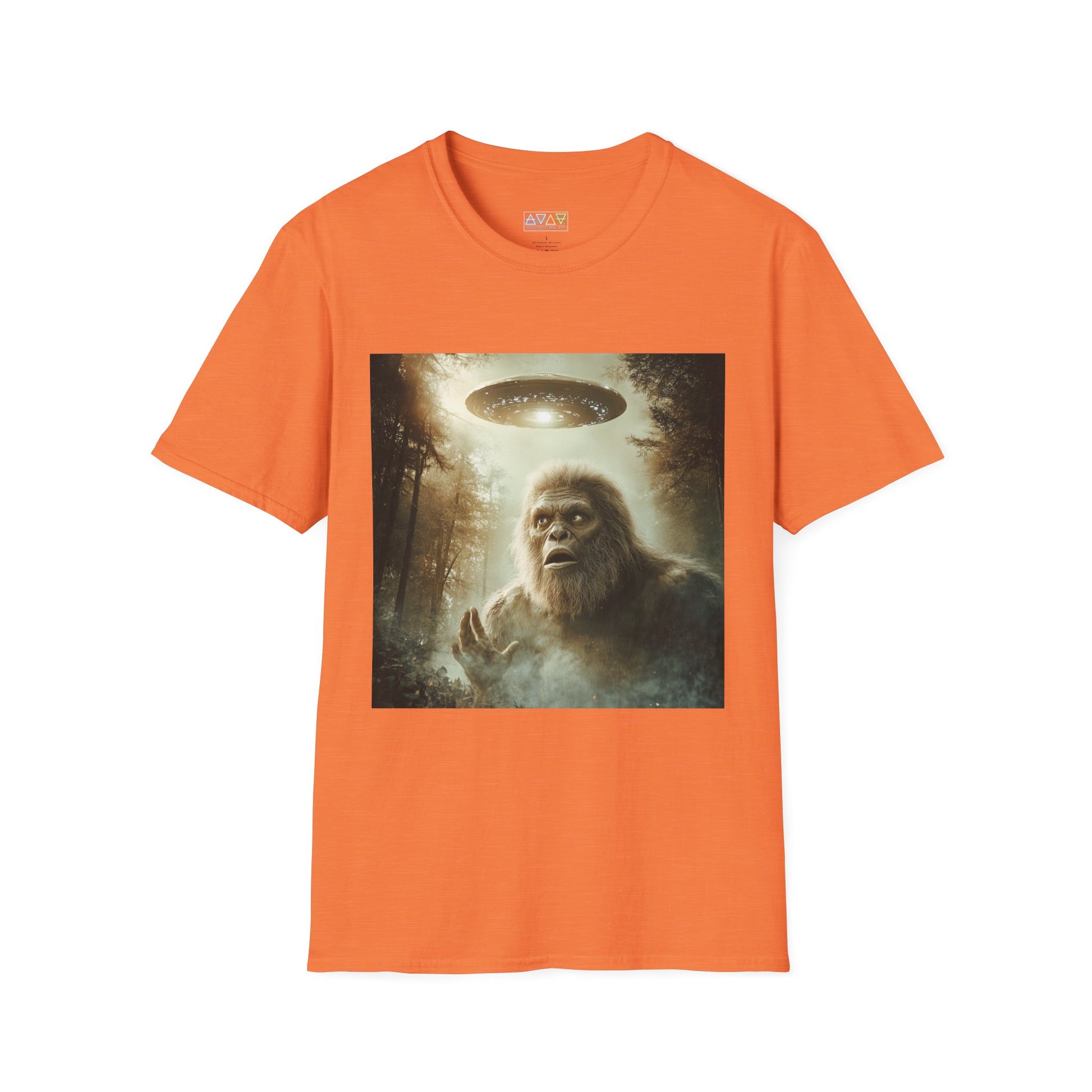 Bigfoot UFO Unisex Softstyle T-Shirt, Funny Graphic Tee, Sasquatch Clothing, Alien Lover Gift, Outdoor Adventure Tee, Casual Wear