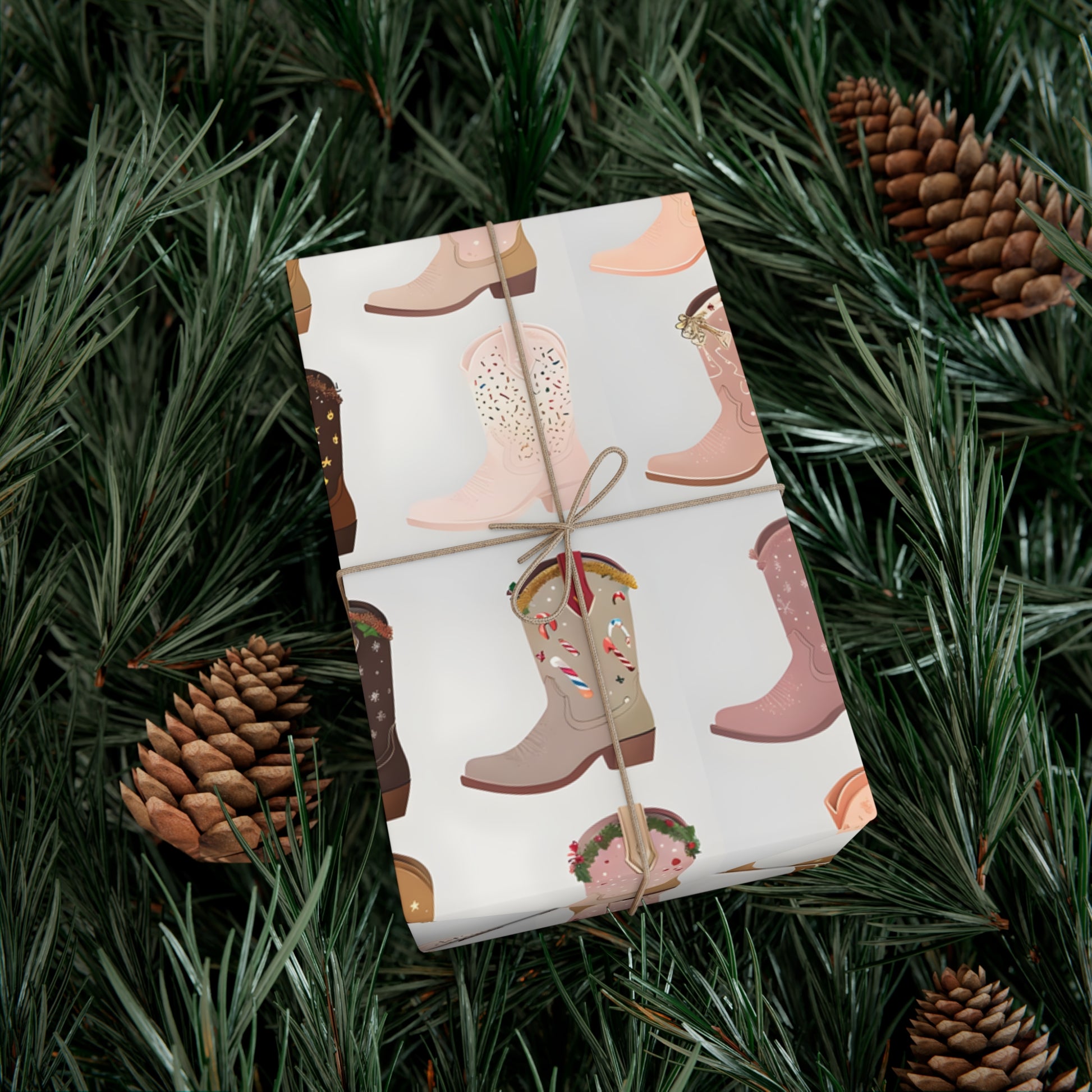 Wrapping Paper, Colorful Cowboy Boots Displaying Festive Holiday Designs, Christmas Wrapping, Gift Packaging, Festive Decor, Holiday Gift