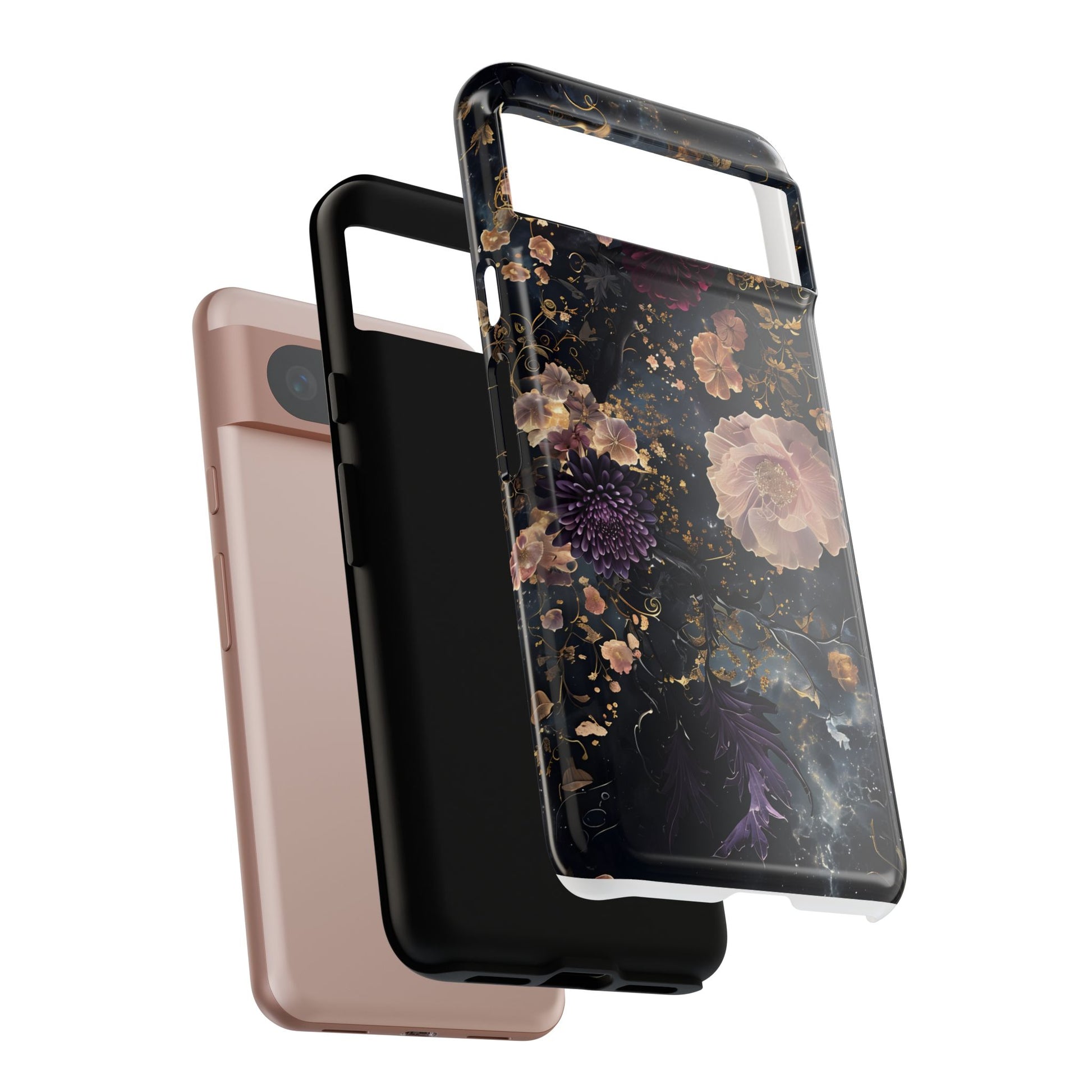 Phone Case, Whimsical Floral Pattern Against Cosmic Nebulous Background. Galaxy, Space, Tough Protective Cover, Unique Gift, Trendy